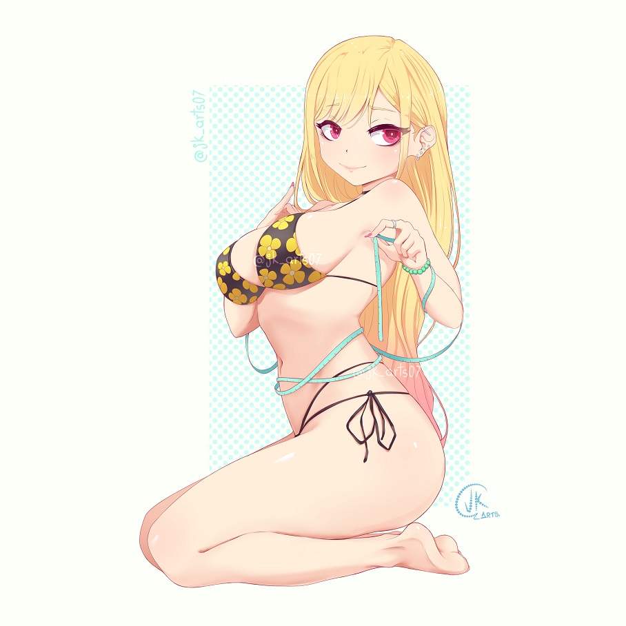 1girls, ankles, ass, bare armpits, bare belly, bare calves, bare chest, bare hands, bare hips, bare knees, bare legs, bare midriff, bare navel, bare shoulders, bare soles, bare thighs, barefoot, belly, belly button, bikini, bikini bottom, bikini only, bikini top, blonde female, blonde hair, blonde-haired female, breasts, busty, busty female, busty teenager, calves, closed mouth smile, collarbone, ear piercing, ear piercings, earrings, elbows, exposed armpits, exposed arms, exposed belly, exposed chest, exposed hips, exposed legs, exposed midriff, exposed navel, exposed shoulders, exposed skin, exposed thighs, exposed toes, eyebrows visible through hair, feet, female, female focus, female only, fingernails, fingers, full body, groin, gyaru, high resolution, high school student, highres, jk arts07, kitagawa marin, knees, large breasts, lean figure, legs, lips, long hair, looking at viewer, midriff, narrow waist, navel, pierced ear, pierced ears, red eyes, red-eyed female, schoolgirl, shoulders, side-tie bikini, sideboob, simple background, sitting, sitting on floor, sitting on ground, sitting on knees, slender body, slender waist, slim waist, smile, smiley face, smiling, smiling at viewer, smirk, soles, solo, sono bisque doll wa koi wo suru, string bikini, swimsuit, swimwear, teenage female, teenager, thighs, toes, underboob, white background, young female, young woman