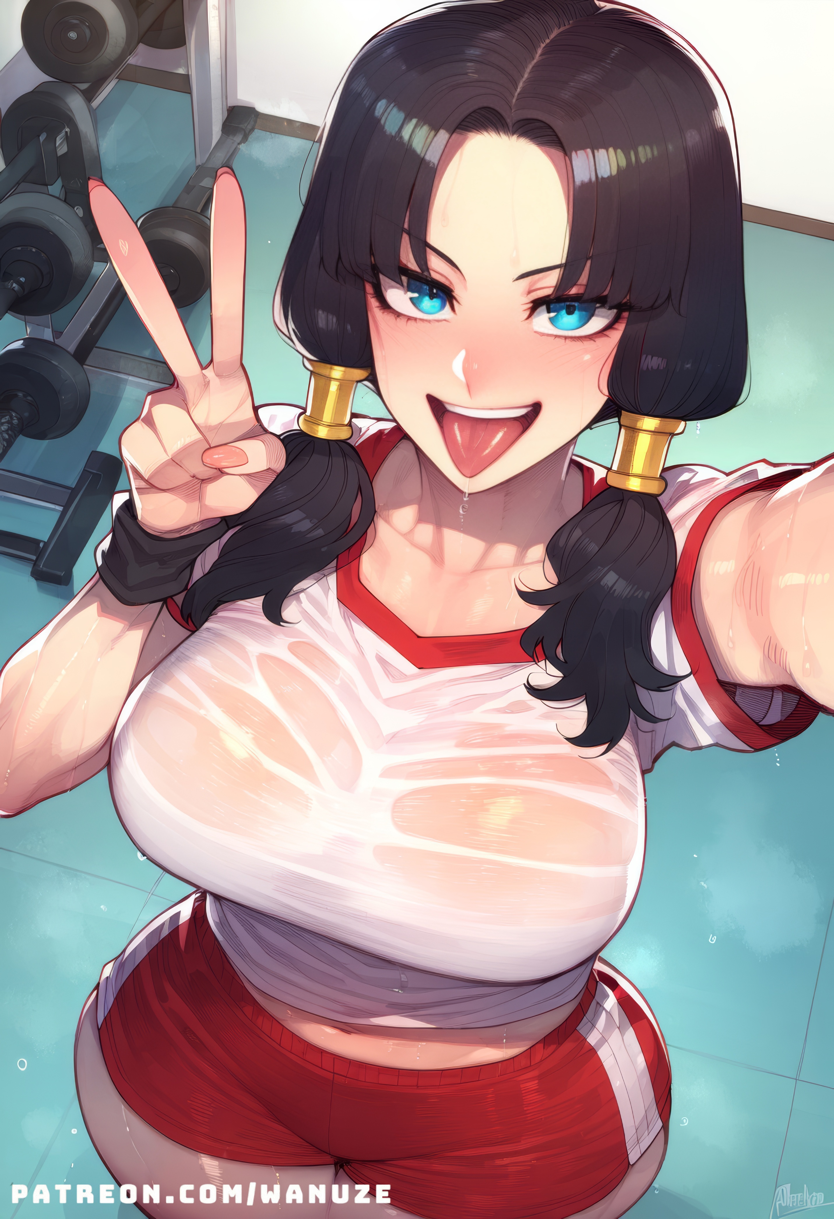 ai generated, ass, big ass, big breasts, big butt, big thighs, black hair, blue eyes, blush, breasts, dragon ball, female, female only, from above, huge ass, huge breasts, huge butt, huge thighs, peace sign, selfie, sports bra, sportswear, standing, tongue, tongue out, twintails, videl, wanuze, wide hips