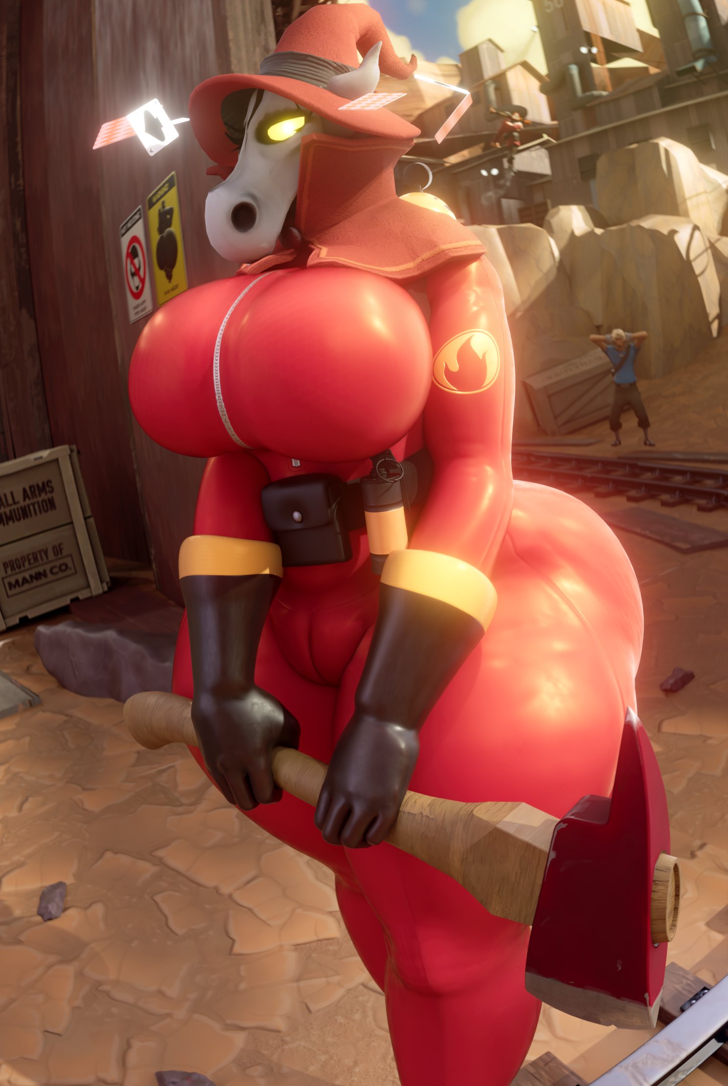 1girls, 2020s, 2025, 3d, 3d (artwork), 5 fingers, ass, bedroom eyes, belt, big ass, big breasts, big thighs, bodysuit, bottom heavy, breasts, cameltoe, cand3d, clothed, clothed female, clothing, eyelashes, female, female focus, female only, fempyro, fire axe, fully clothed, giant ass, gloves, hi res, highres, hips, hourglass figure, huge ass, huge thighs, hyper, hyper ass, large ass, large breasts, large thighs, latex, latex gloves, latex suit, long legs, looking at viewer, mask, masked, outdoors, pussy, pyro, red clothing, red latex, round ass, rubber, rubber gloves, rule 63, scout (team fortress 2), skull helmet, slim waist, solo, solo female, solo focus, standing, team fortress 2, thick thighs, thighs, tight bodysuit, tight clothes, valve, visor, warning sign, weapon, wide hips, witch hat