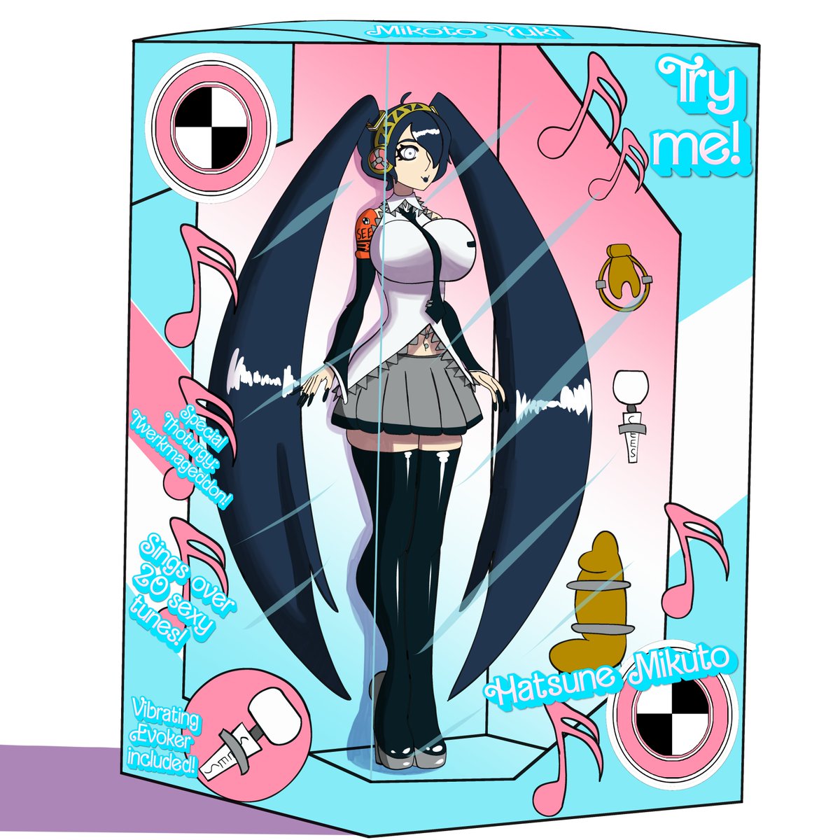after transformation, big breasts, bimbo, bimbo body, bimbofication, bimbofied, breasts, bulging breasts, crabla, dildo, doll, doll box, dollification, english text, female, feminization, hatsune miku (cosplay), high heels, hypnosis, identity death, makoto yuki, mental transformation, mind control, persona, persona 3, platform heels, post-transformation, rule 63, sex doll, sex doll transformation, sex toy, transformation