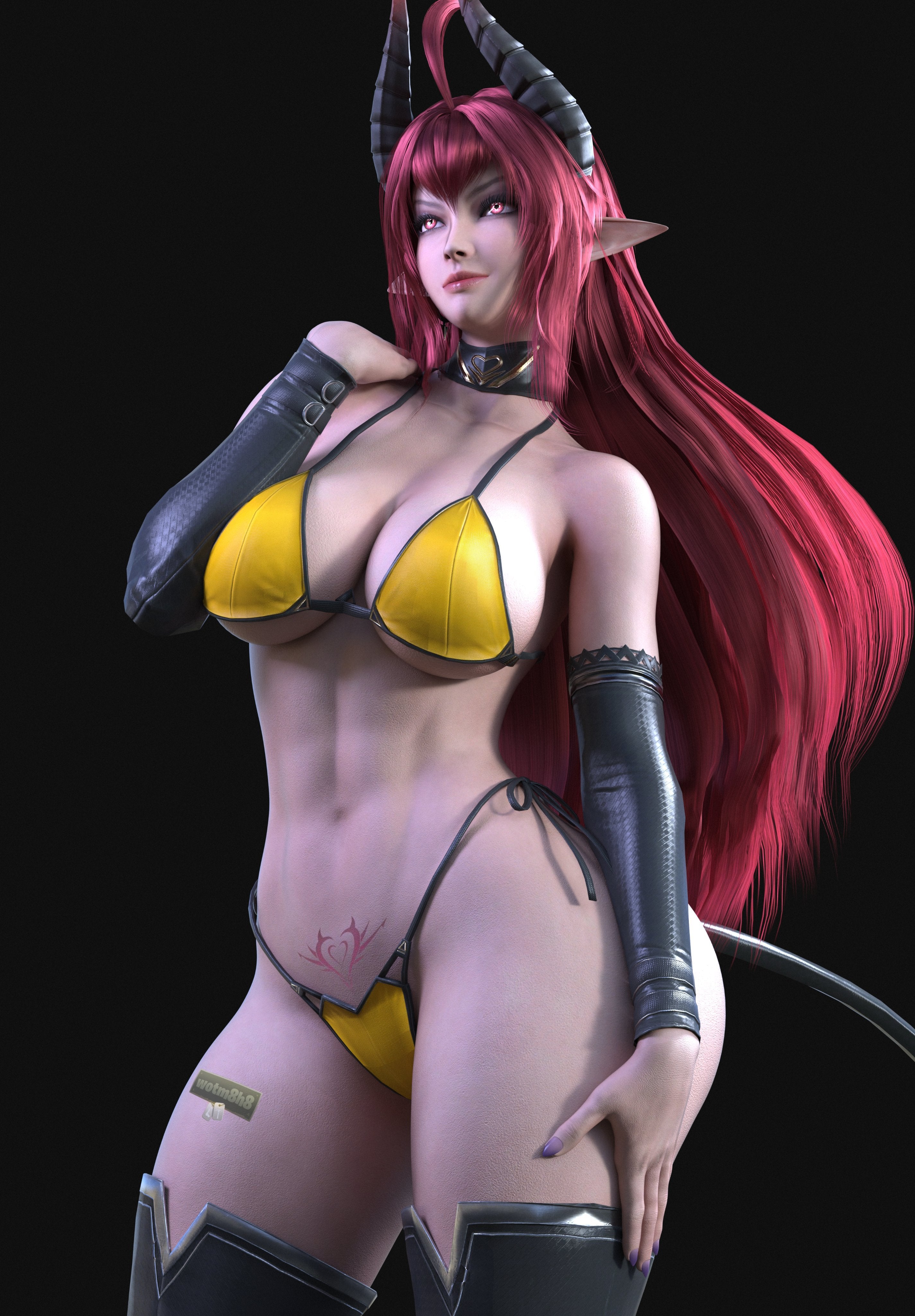 1girls, 3d, bikini, bra, breasts, choker, cropped legs, daemon girl, dark background, demon, detached sleeves, female, glowing eyes, horns, long hair, navel, original character, painted nails, panties, pointy ears, pubic tattoo, red hair, side-tie bikini, side-tie panties, sinia, standing, string bikini, succubus, succubus horns, succubus tail, succubus tattoo, tagme, tail, tattoo, thigh boots, underboob, wotm8h8