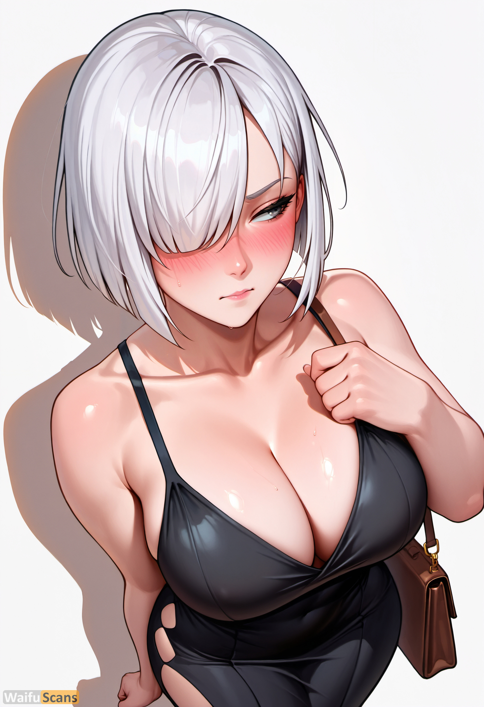 ai generated, artist name, bag, bangs, bare shoulders, black dress, blush, breasts, cleavage, closed mouth, collarbone, covered navel, dress, female, fiona frost, hair over one eye, handbag, high resolution, highres, large breasts, looking away, looking to the side, shadow, short hair, simple background, solo, spy x family, stable diffusion, sweat, waifuscans418, white background, white hair