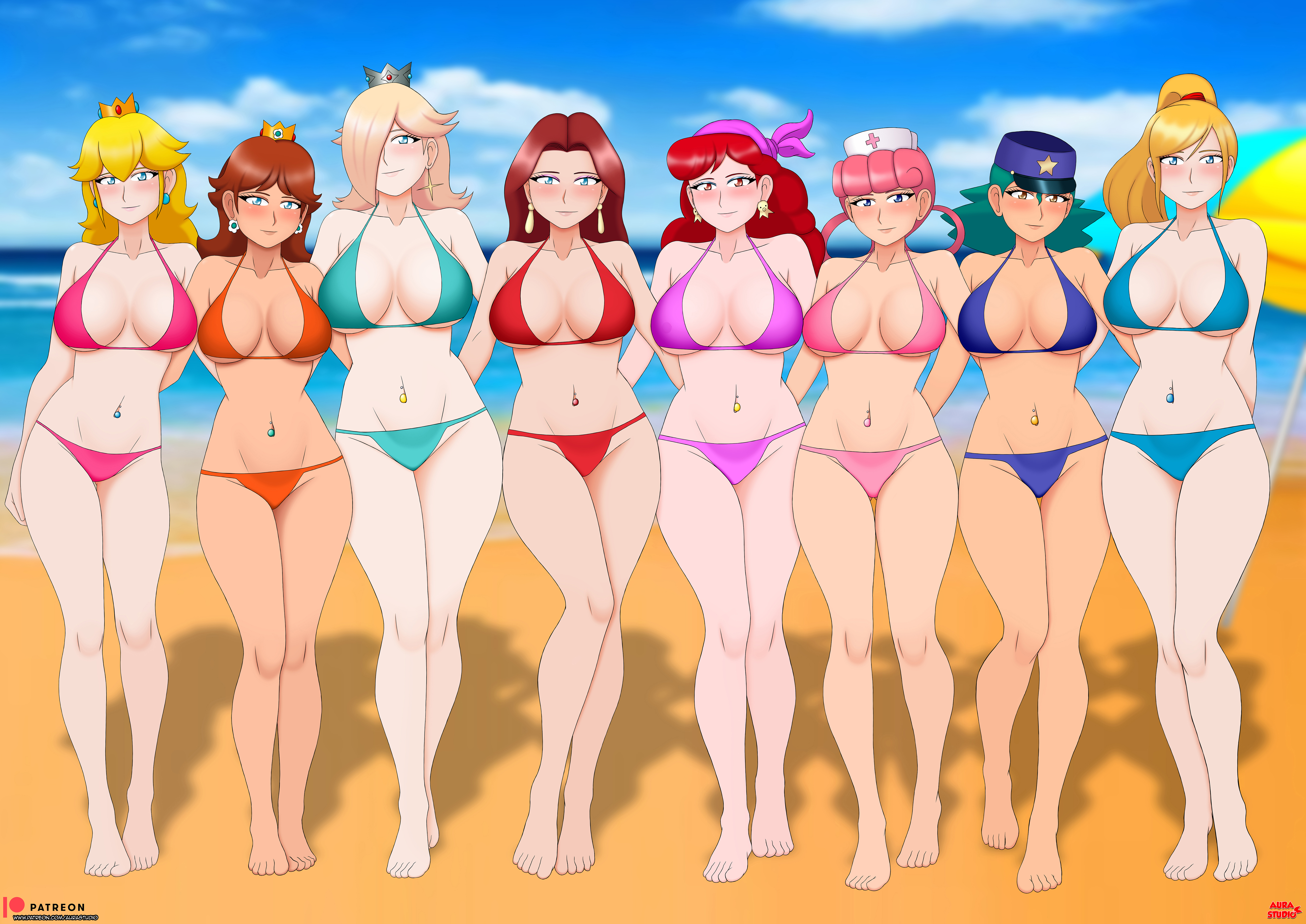 8girls, aurastudio, beach, bikini, captain syrup, company connection, crossover, female, female only, hot, mario (series), metroid, multiple females, multiple girls, navel piercing, nintendo, nurse joy, officer jenny (pokemon), outdoors, pauline, pokemon, princess daisy, princess peach, princess rosalina, samus aran, sexy, wario (series)