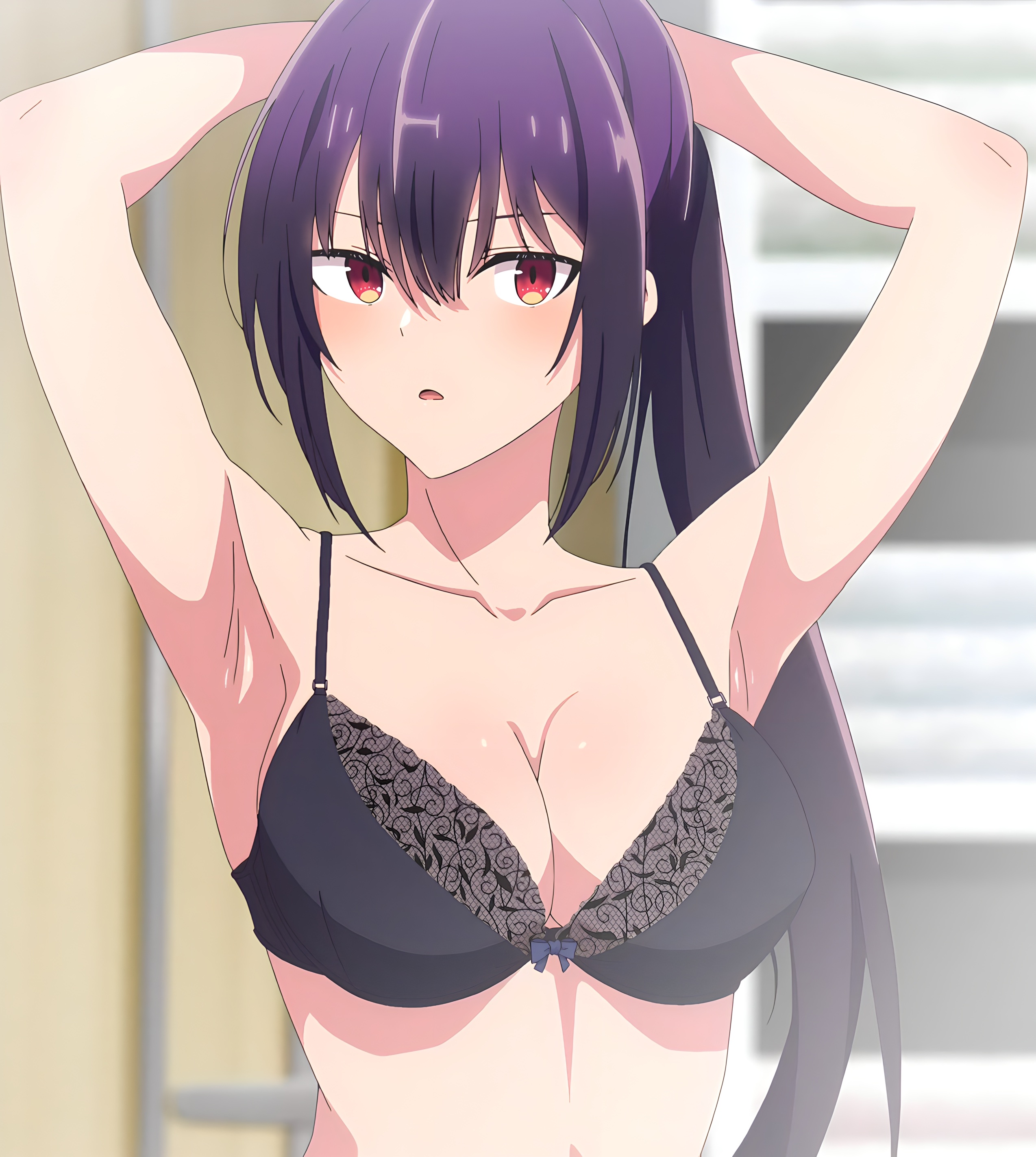 1girls, armpits, arms behind head, big breasts, black bra, bra, breasts, busty, cleavage, female, female only, haitekudasai takamine-san, half-closed eyes, highres, large breasts, long hair, ponytail, pose, posing, purple hair, red eyes, seductive gaze, sexy, sexy armpits, sexy pose, solo, stitched, takamine takane, underwear, voluptuous