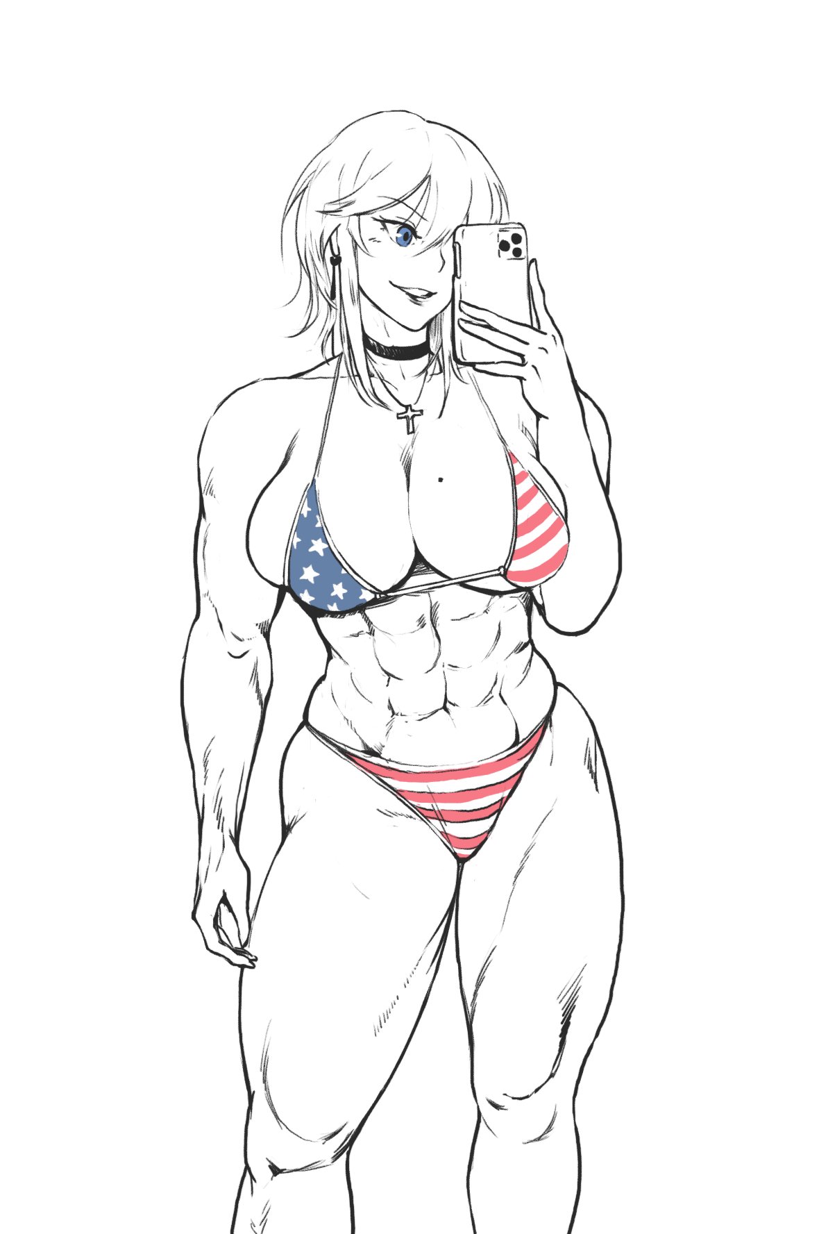 1girls, abs, american flag bikini, azur lane, bangs, bare shoulders, biceps, bikini, blue eyes, breasts, cellphone, choker, cleavage, collarbone, cross, cross choker, cross necklace, earrings, eyebrows visible through hair, female, flag print, highres, holding, holding phone, jewelry, large breasts, limited palette, mole, mole on breast, muscular, muscular female, navel, necklace, open mouth, phone, secksei, selfie, sidelocks, smartphone, smile, solo, standing, swimsuit, taking picture, thick thighs, thighs, washington (azur lane), white background