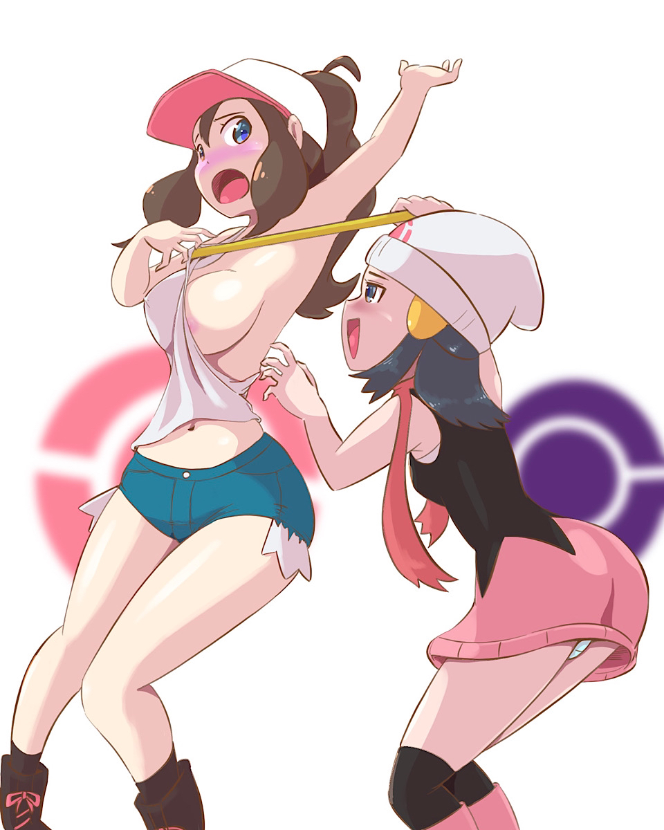 2girls, breasts, dawn (pokemon), female, female only, hilda (pokemon), huge breasts, human, human only, microsd (artist), multiple females, multiple girls, nintendo, panties, pokemon, pokemon bw, pokemon dppt, sideboob, wide hips, yuri