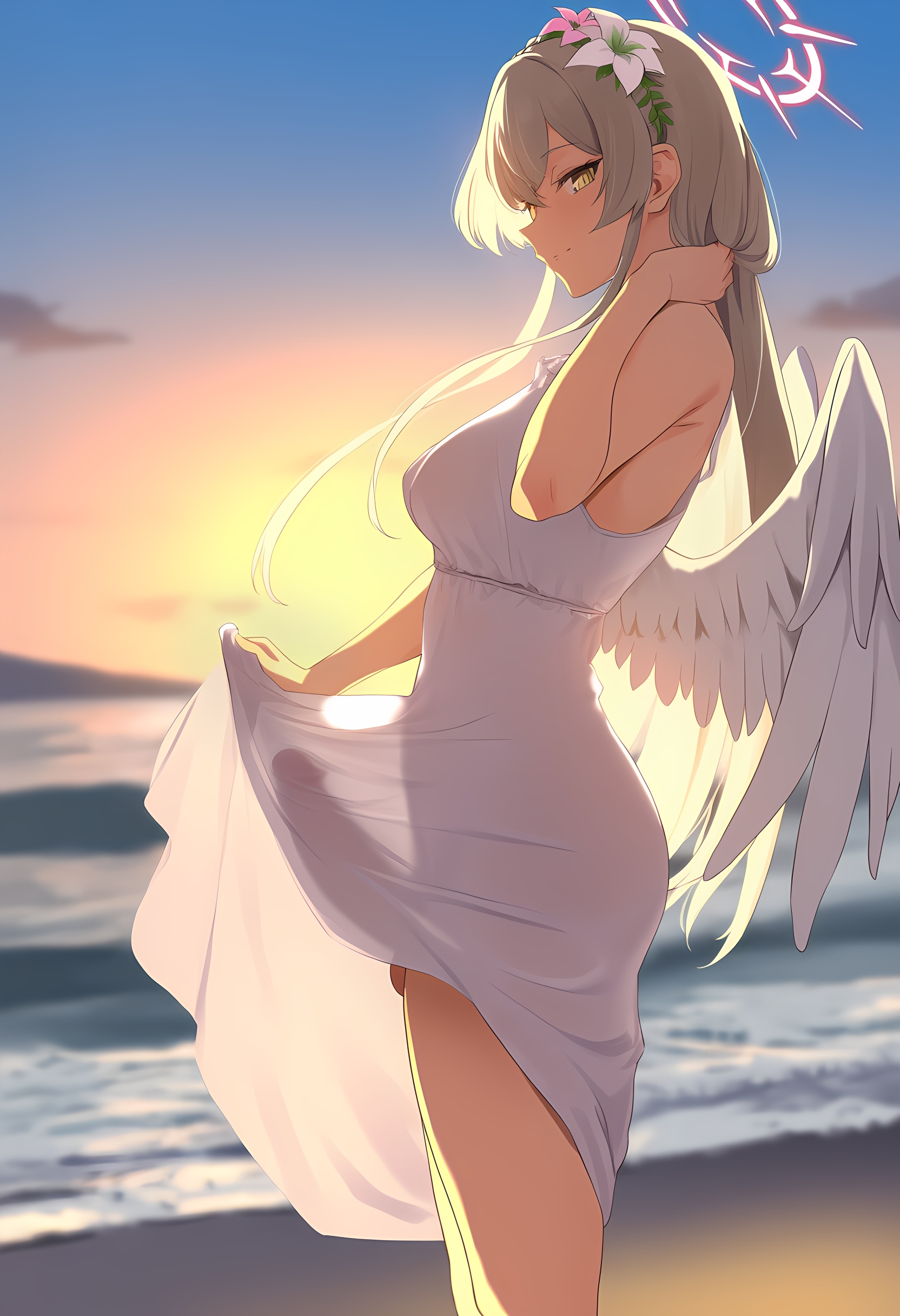 ai generated, angel wings, backlighting, balls, beach, blue archive, braid, breasts, close-up, cowboy shot, depth of field, dress lift, erection, erection under clothes, female, floating hands, flower ornament, from side, futanari, gerumusi, halo, hand in hair, intersex, light smile, long dress, looking at viewer, medium breasts, nagisa (blue archive), ocean, perspective, shadow, sideways glance, sleeveless dress, solo, straight hair, sun, testicles, twilight, uncensored, white dress, white hair, wind, yellow eyes