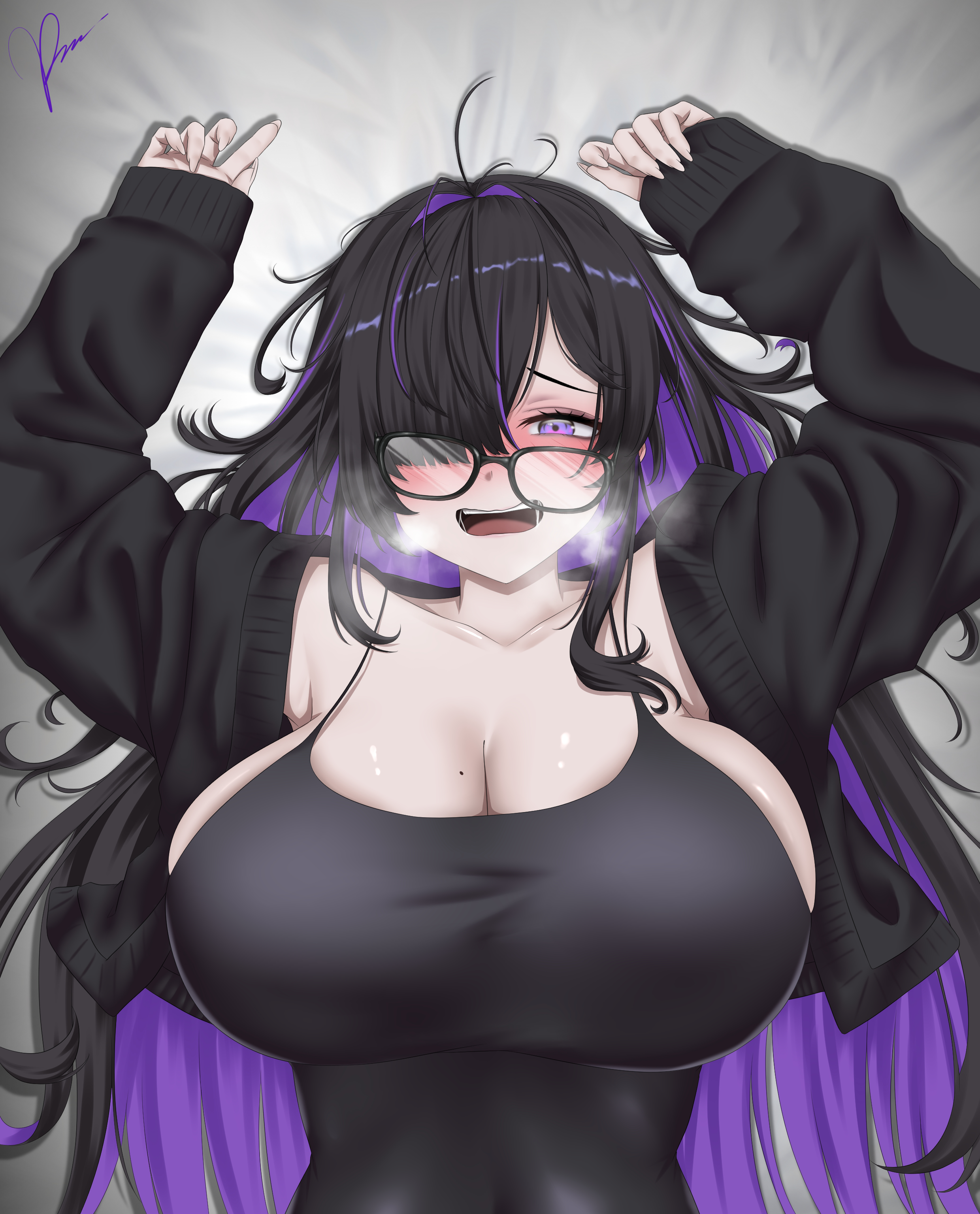1girls, absurdres, armpits, arms up, aroused, bags under eyes, black cardigan, black dress, black hair, black-framed eyewear, blunt ends, blush, breasts, breath, cardigan, cleavage, collarbone, colored inner hair, commentary, covered navel, crooked eyewear, cropped cardigan, curled fingers, dress, glasses, goddess of victory: nikke, hair intakes, hair over one eye, hair spread out, half-closed eyes, heavy breathing, highres, huge breasts, label (nikke), looking at viewer, looking over eyewear, low neckline, lying, messy hair, mojyo, mole, mole on breast, multicolored hair, nose blush, on back, on bed, open cardigan, open clothes, open mouth, pale skin, parted bangs, purple eyes, purple hair, purple streaks, raised inner eyebrows, ramiki (ramesgoag), saliva, sideboob, signature, sleeveless, sleeveless dress, sleeves past wrists, solo, streaked hair, taut clothes, taut dress, untranslatable commentary, upper body