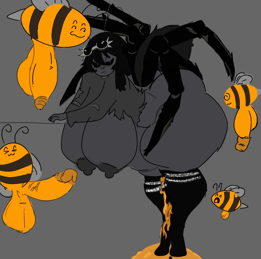 abdomen, annoyed, antennae, arachnid, areolae, balls, bee, big ass, big balls, big breasts, big penis, black eyes, black hair, breasts, commentary request, cum drip, erection, female, flaccid, goggles on head, grey skin, group sex, high socks, honey, inspired by, male, nerdly duck, nipples, oc, penis, ripped clothing, roblox, robloxian, segmented legs, snaggle tooth, spider, spider girl, thick thighs, white pupils