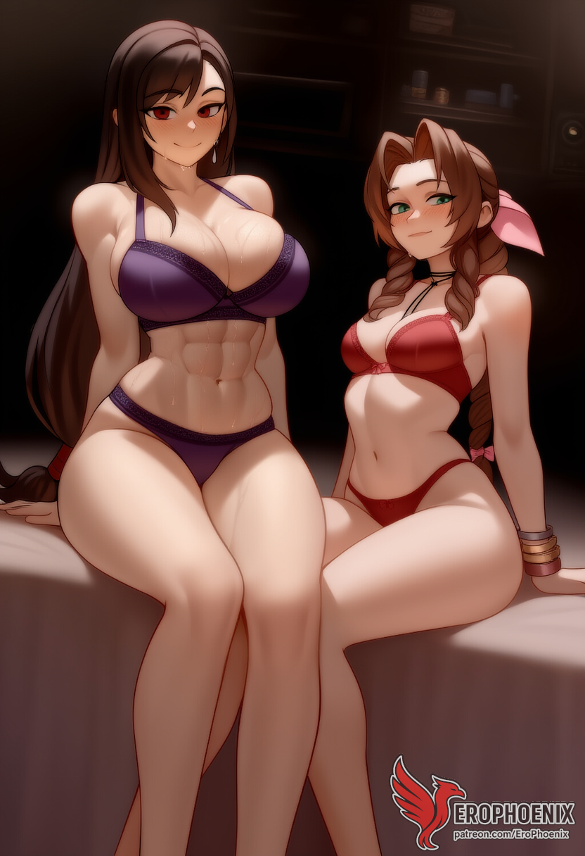 2d 2girls aerith_gainsborough ai_generated ass barefoot big_ass big_breasts blush bra couch dress erophoenix feet female female_focus final_fantasy final_fantasy_vii final_fantasy_vii_rebirth final_fantasy_vii_remake indoors jewelry large_breasts long_hair multiple_girls naked navel panties patreon_username purple_bra purple_panties red_bra red_eyes red_panties sitting small_breasts smile soles sweat sweating thick_thighs thighs tifa_lockhart underwear yuri yuri