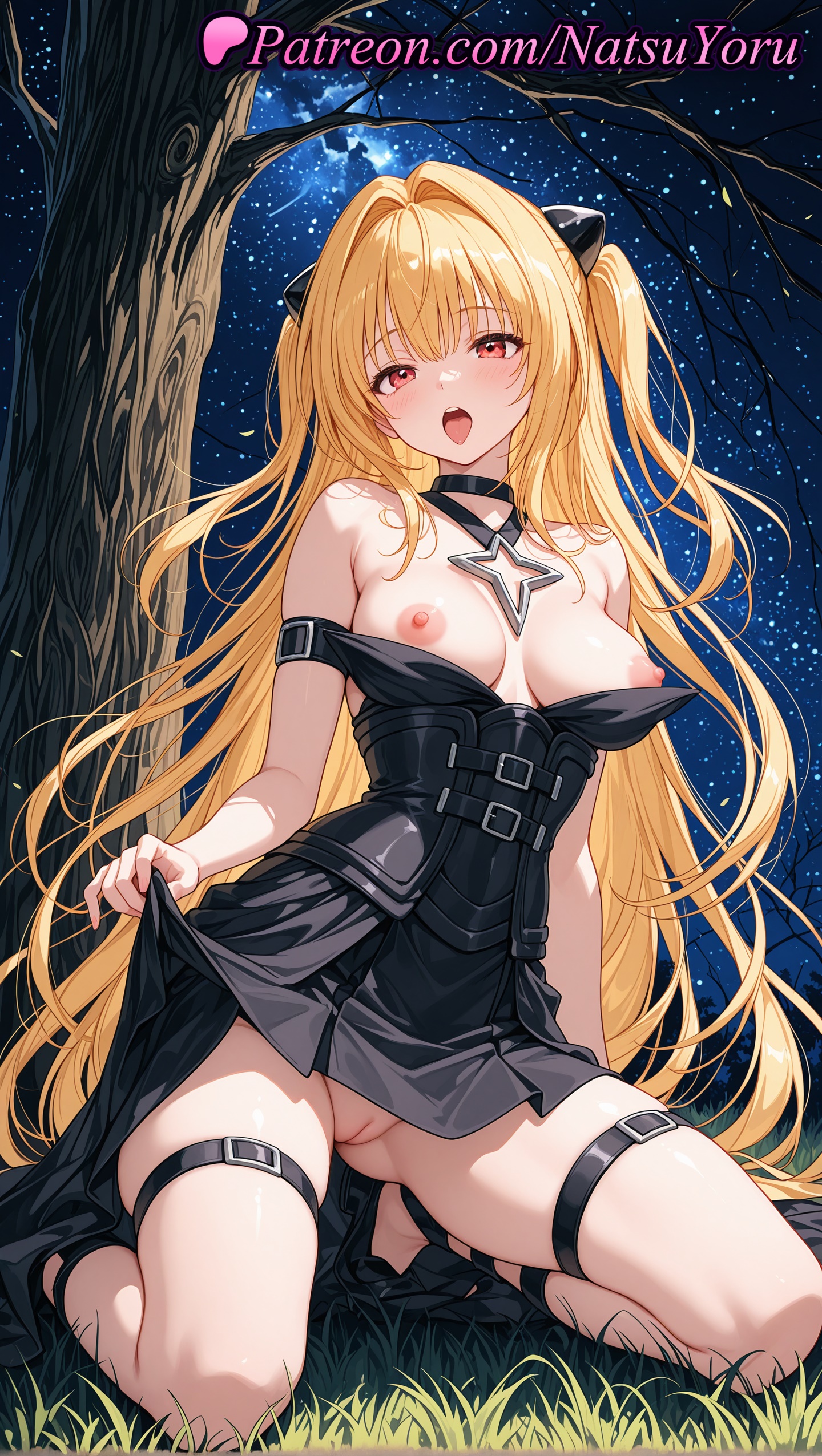 1girls, 2025, ai generated, bangs, bare shoulders, black dress, black footwear, blonde hair, blush, breasts, choker, cleft of venus, clothes lift, clothes pull, dress, dress pull, female, hair intakes, hi res, highres, kneeling, konjiki no yami, lifted by self, long hair, looking at viewer, makeup, medium breasts, natsuyoru, night, night sky, nipples, no panties, open mouth, outdoors, patreon, pussy, red eyes, sky, solo, star (sky), starry sky, thigh strap, to love-ru, to love-ru darkness, tongue, tongue out, tree, two side up, uncensored, vagina, very long hair, voluptuous, voluptuous female