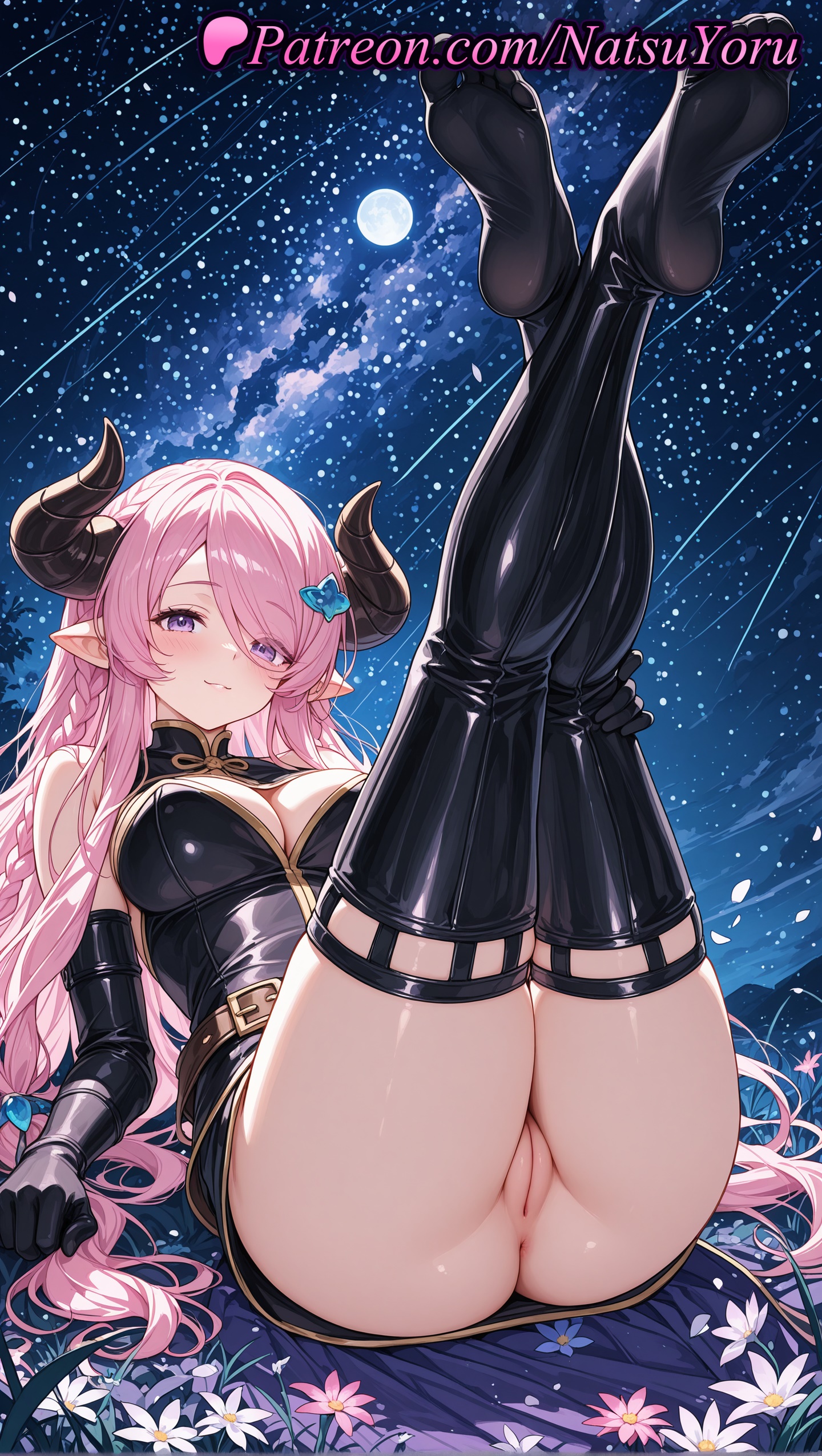 1girls, 2025, ai generated, anus, ass, black gloves, black thighhighs, blue eyes, blush, braid, breasts, draph, dress, elbow gloves, feet, female, flower, gloves, granblue fantasy, hair ornament, hair over one eye, hi res, highres, horns, large breasts, legs up, long hair, looking at viewer, moon, narmaya (granblue fantasy), natsuyoru, night, night sky, no shoes, oshiri, patreon, pink hair, pointy ears, pussy, sky, smile, soles, solo, star (sky), starry sky, thighhighs, thighs, uncensored, vagina, voluptuous, voluptuous female