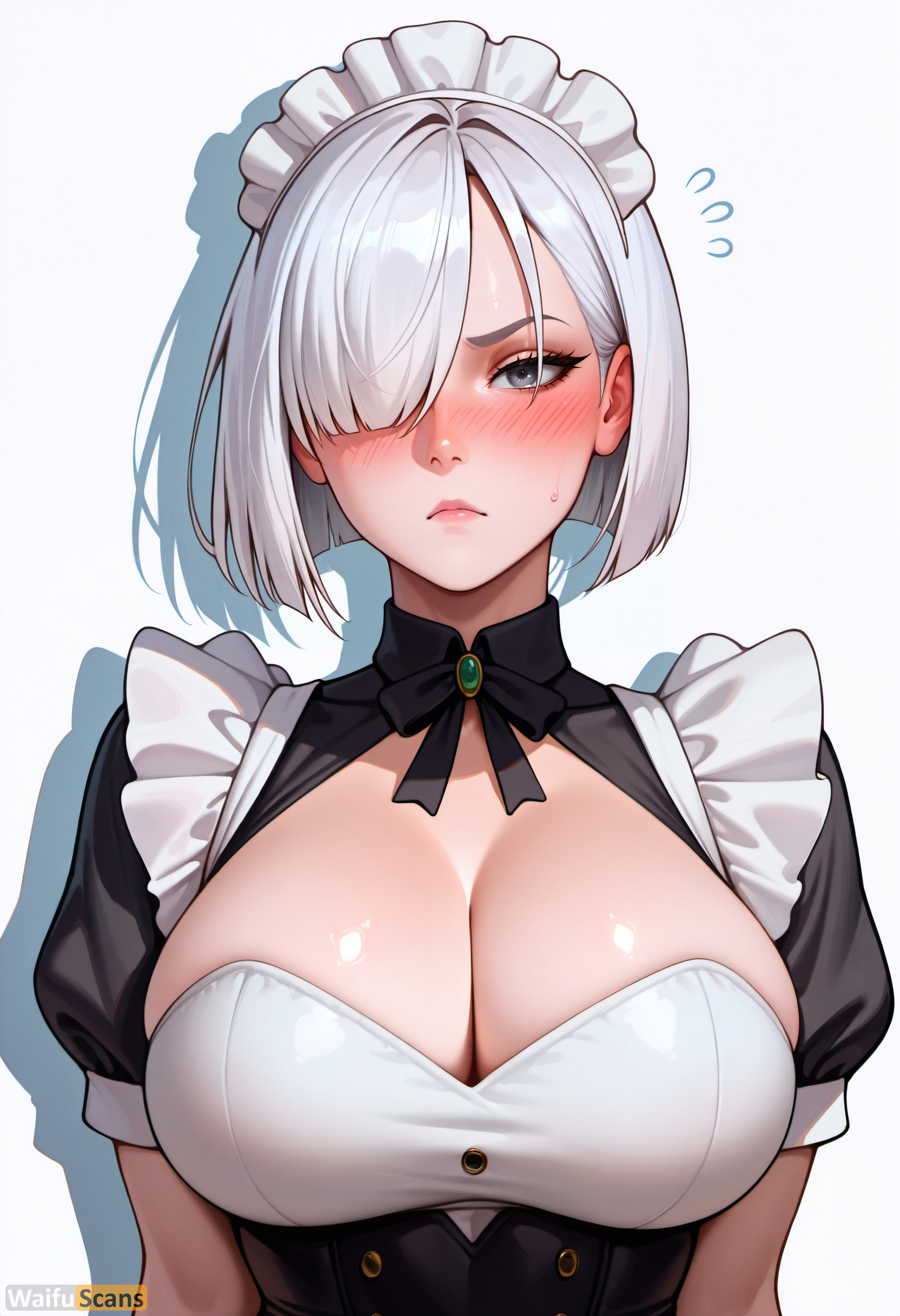 ai generated, bangs, black bow, blush, bow, breasts, cleavage, closed mouth, female, fiona frost, flying sweatdrops, frills, grey eyes, hair over one eye, high resolution, highres, large breasts, looking at viewer, maid, maid headdress, puffy short sleeves, puffy sleeves, shiny, shiny skin, short hair, short sleeves, simple background, solo, spy x family, stable diffusion, sweatdrop, upper body, waifuscans418, white background, white hair