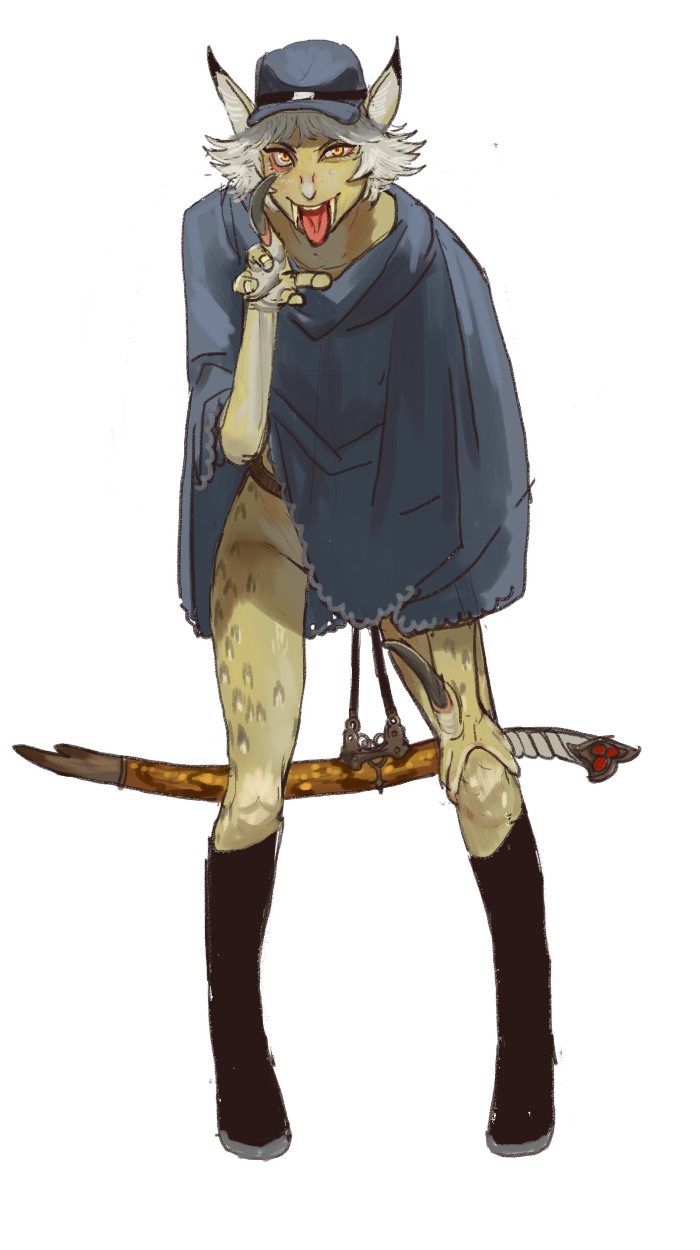 all tomorrows, animal ears, boots, bottomless, cape, claws, cloak, colored skin, fangs, female, full body, hat, killer folk, looking at viewer, monster girl, mossa, mossacannibalis, poncho, post-human, red eyes, sabre (weapon), short hair, simple background, solo, tail, tongue, tongue out, weapon, white background, white hair, yellow eyes, yellow skin