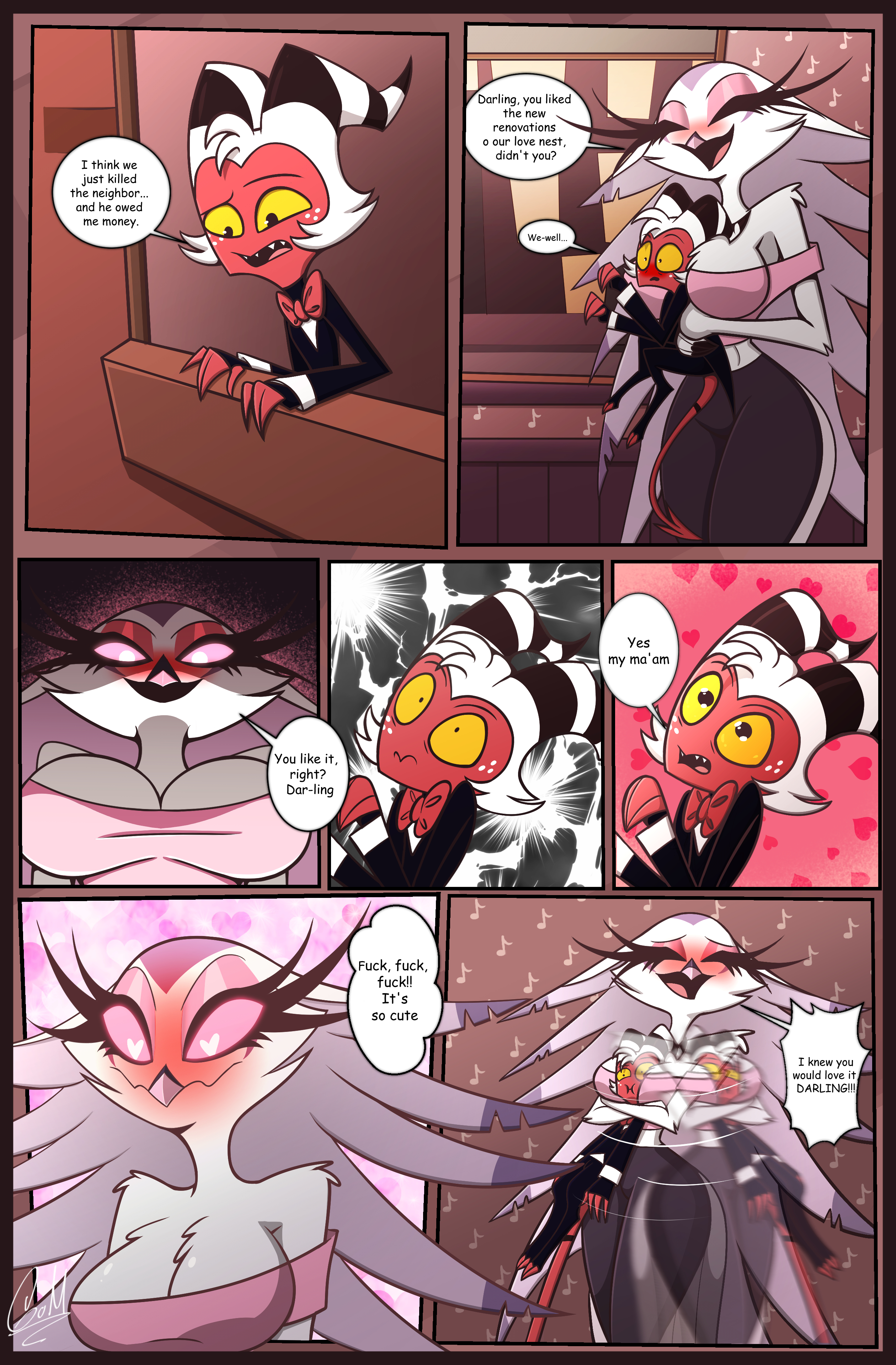 big breasts, blush, blushing female, breasts, comic, comic page, crop top, english text, female, gatojack3, heart, heart-shaped pupils, hearts around head, helluva boss, imp, intimidating woman, larger female, male, moxxie (helluva boss), owl demon, smaller male, squished between breasts, stella (helluva boss), thick thighs