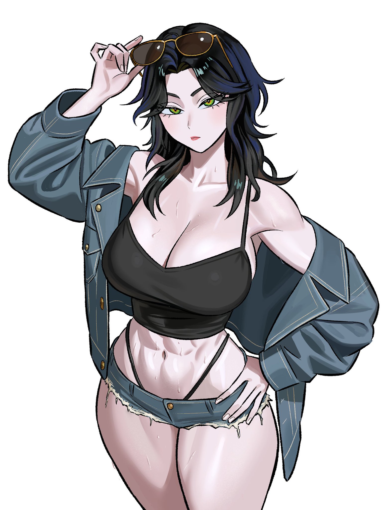 1girls, abs, absurdres, adjusting eyewear, athletic female, beautiful woman, big breasts, black camisole, black hair, black panties, blue jacket, blue shorts, booty shorts, breasts, camisole, cleavage, closed mouth, commentary, commission, cowboy shot, cutoffs, denim, denim jacket, denim shorts, disinterested, emotionless, emotionless female, english commentary, expressionless, eyewear lift, eyewear on head, female, female only, fit female, green eyes, hand on eyewear, hand on own hip, highleg, highleg panties, highres, hourglass figure, human, human female, indifference, indifferent, jacket, jean shorts, large breasts, legs together, light blush, light-skinned female, lipstick, long hair, long sleeves, looking at viewer, makeup, micro shorts, midriff, muscular, muscular female, navel, off shoulder, open clothes, open jacket, original, pale-skinned female, panties, panty straps, red lips, revealing clothes, short shorts, shorts, simple background, slim waist, solo, solo female, standing, sunglasses, sweat, thick thighs, thong above shorts, thong straps, tomboy, tomboyish, unamused, unbothered, uncaring, uncaring female, underwear, victoria huang, white background, wide hips, yellow-framed eyewear, zeon (zzeeonn), zeon j