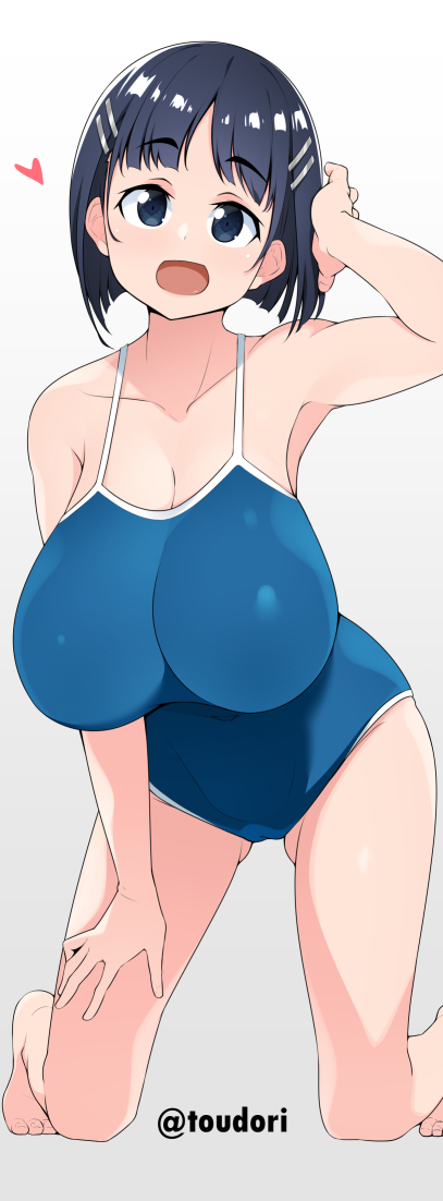 black_eyes black_hair blue_swimsuit bob_cut breasts female hair_ornament hairclip kirigaya_suguha large_breasts one-piece_swimsuit short_hair signature simple_background solo swimsuit sword_art_online toudori white_background