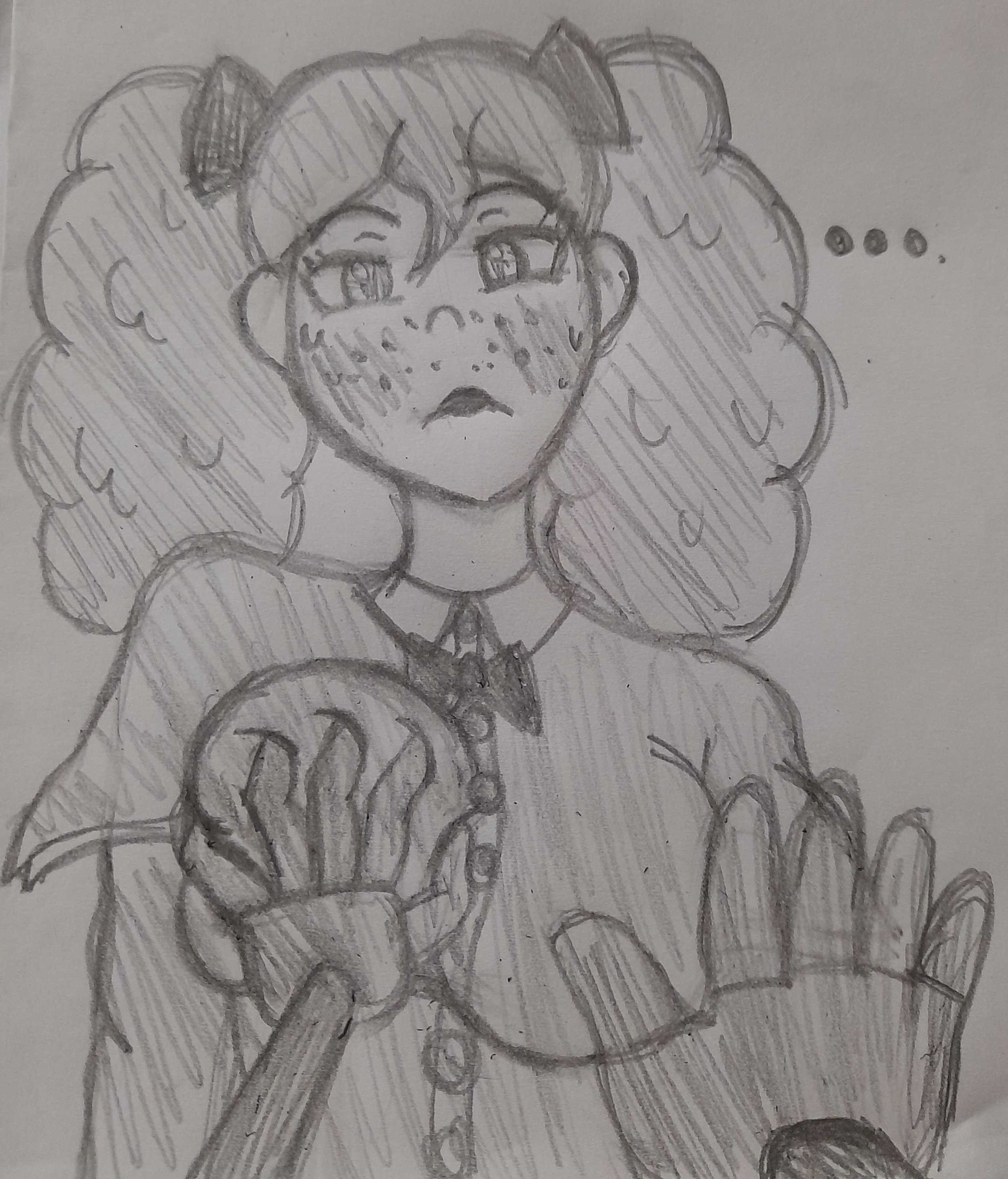 ..., 1girls, boy saltiest, breasts, dress, female, female focus, freckles, freckles on face, grabpack, hand on breast, lipstick, looking at viewer, mysaltisexposed, poppy (poppy playtime), poppy playtime, pov, sketch, sweat, sweaty, tagme, twintails, unamused