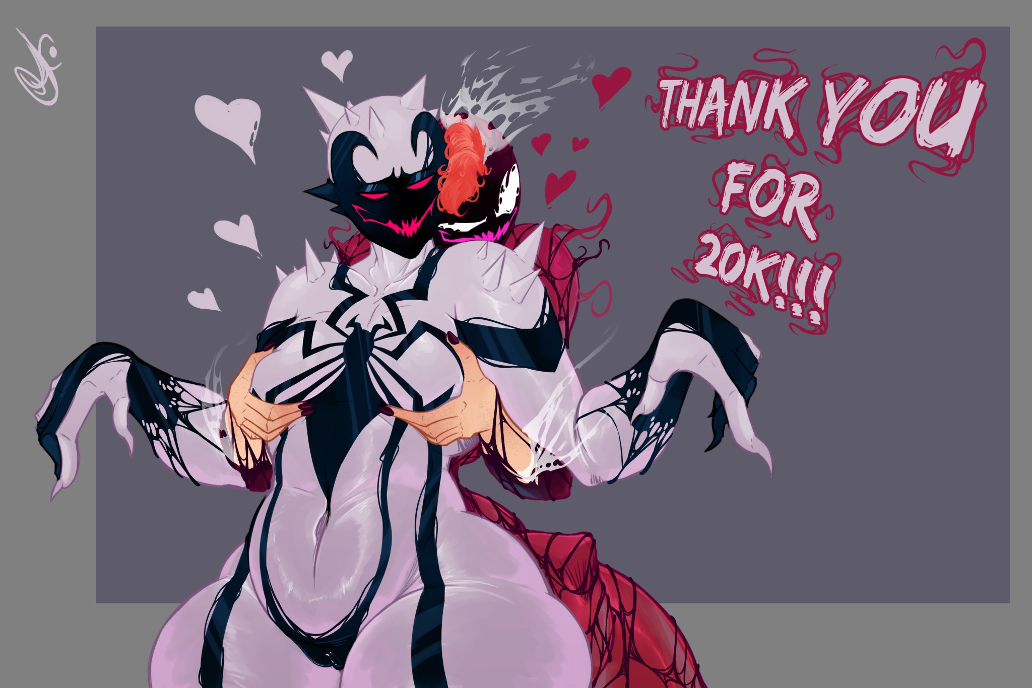 anti-she-venom, anti-venom, breast grab, breasts, carnage (marvel), dustyjcircus, female, heart, marvel, marvel comics, she-carnage, spider-man (series), symbiote, yuri