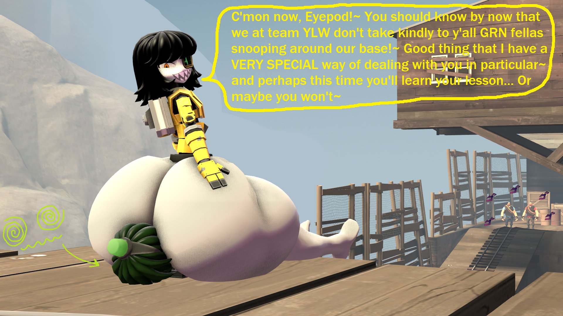 2025, 3d, artist self-insert, artist upload, ass, ass bigger than head, ass focus, ass smothering, big ass, big booty, big butt, big thighs, black hair, dark green body, dark green hair, dell spencer, dizzy, dizzy eyes, easter egg, eyepod, eyepod the dell-spencer (eyepod), facesit, facesitting, femboy, femboy focus, femboy on femboy, femboy on male, femboydom, gay, gay domination, heavy (team fortress 2), heavy weapons guy, huge ass, huge booty, huge butt, huge thighs, male, male focus, male only, male/male, oc, pootis engage, punishment, robot, robot ass, robot boy, robot femboy, smothering, smothering ass, tagme, team fortress 2, teeth, text, tf2, thick, thick ass, thick butt, thick hips, thick legs, thick thighs, thighs, yellow body