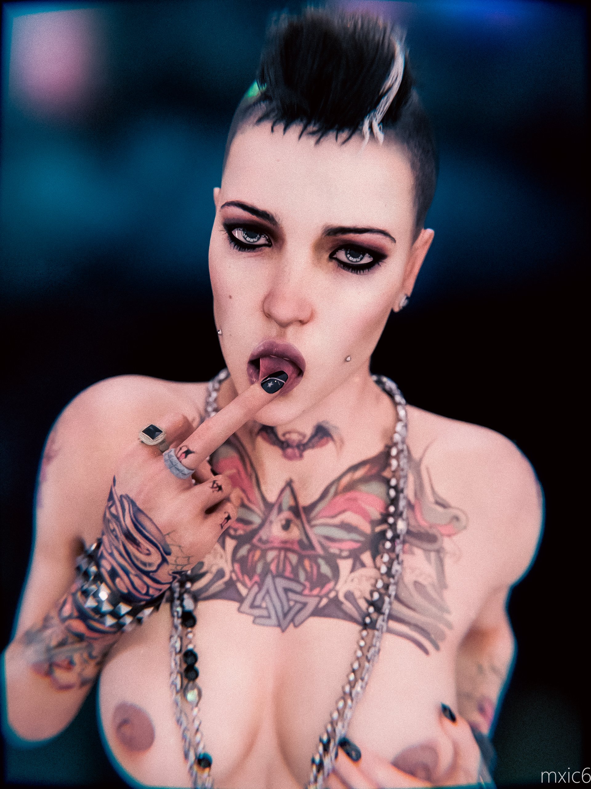 1girls, 3d, black hair, breasts, clara lille, female, female only, mohawk, mxic6, nipples, piercing, piercings, punk, short hair, solo, tattoo, tongue, tongue out, ubisoft, watch dogs