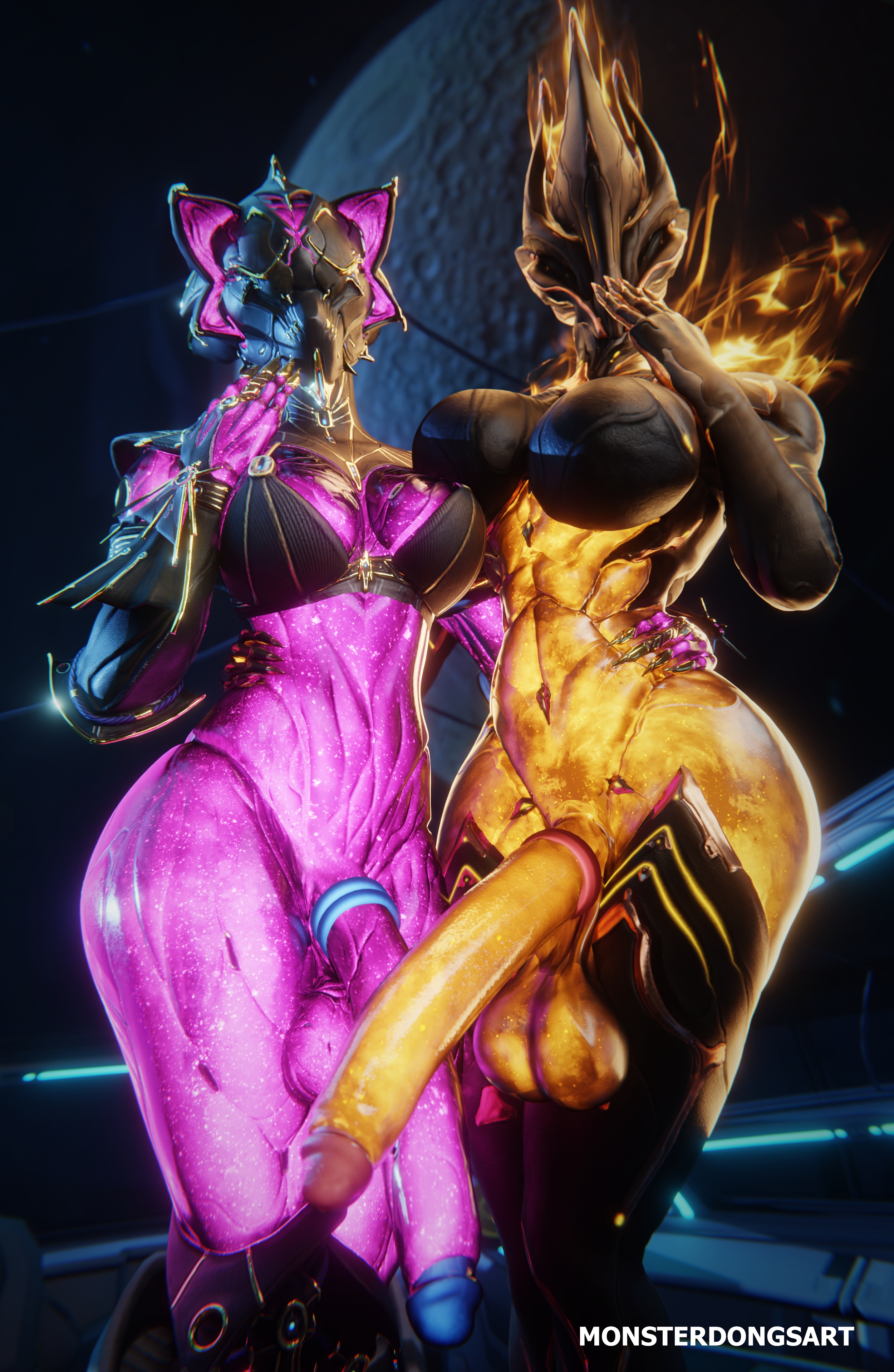 2futas, 3d, big breasts, breasts, ember (warframe), ember heirloom (warframe), futanari, huge cock, intersex, large breasts, large penis, looking down, monsterdongsart, penis, penis to the knees, tagme, valkyr (warframe), valkyr heirloom (warframe), warframe