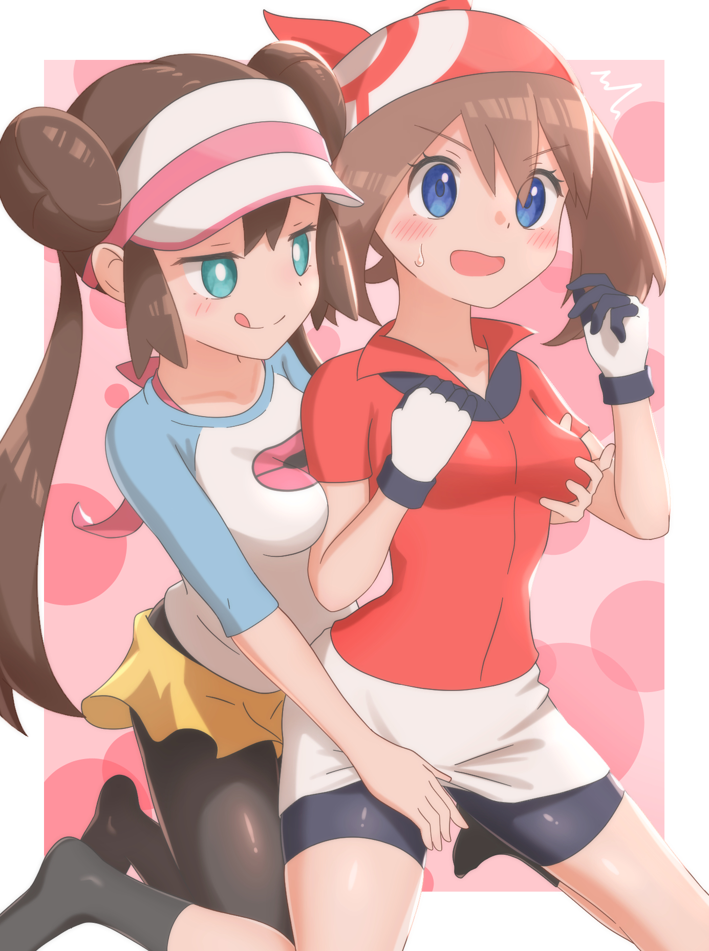 bandana, bare arms, bike shorts, black socks, blue eyes, blush, breast grab, breast press, breasts, brown hair, clothes lift, collarbone, double bun, feet, female, game freak, gloves, green eyes, groping, hair bun, hand between legs, hat, licking own lips, m o n t e n, may (pokemon rs), may (pokemon), medium breasts, miniskirt, nintendo, open mouth, pantyhose, pantyhose under shorts, pokemon, pokemon bw2, pokemon rse, red shirt, rosa (pokemon), shiny skin, shirt, short sleeves, shorts, skirt, small breasts, socks, thighs, tongue, tongue out, twintails, white gloves, yuri