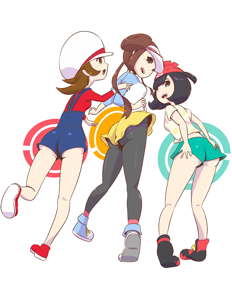 3girls, ass, ass hanging out of shorts, female, female only, huge ass, human, human only, lyra (pokemon), microsd (artist), multiple females, multiple girls, nintendo, pokemon, pokemon bw2, pokemon hgss, pokemon sm, rosa (pokemon), selene (pokemon), short shorts, shorts, thighhighs, wide hips