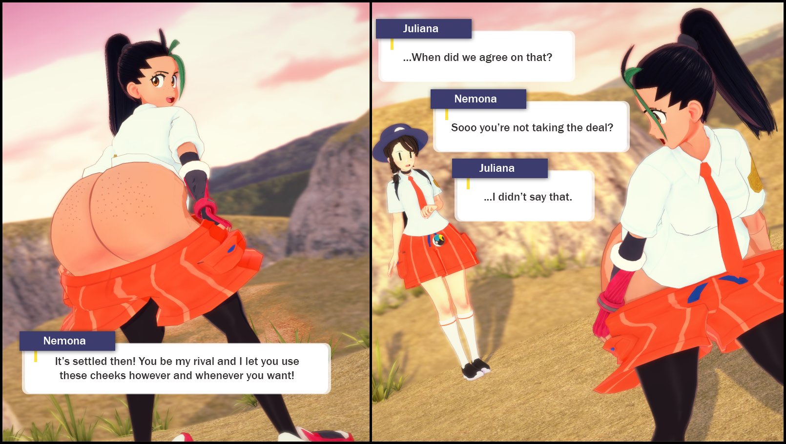 2girls, amanwithnoplan, ass, big ass, english text, female, female only, huge ass, juliana (pokemon), mooning, multiple females, multiple girls, nemona (pokemon), pants down, pokemon, text, yuri