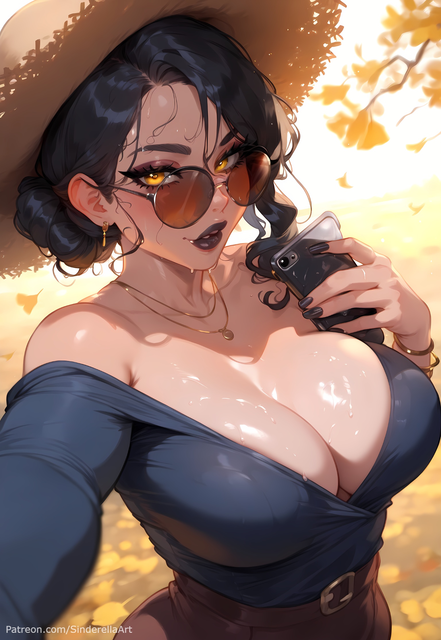 ai generated, asymmetrical hair, bare shoulders, black hair, bracelet, breasts, busty, cellphone, cleavage, collarbone, commission, day, female, holding phone, jewelry, large breasts, looking at viewer, mole, necklace, off shoulder, outdoors, patreon, patreon url, patreon username, phone, reaching out, self shot, sinderellaart, smartphone, smile, solo, sunglasses, thick, tinted eyewear, voluptuous