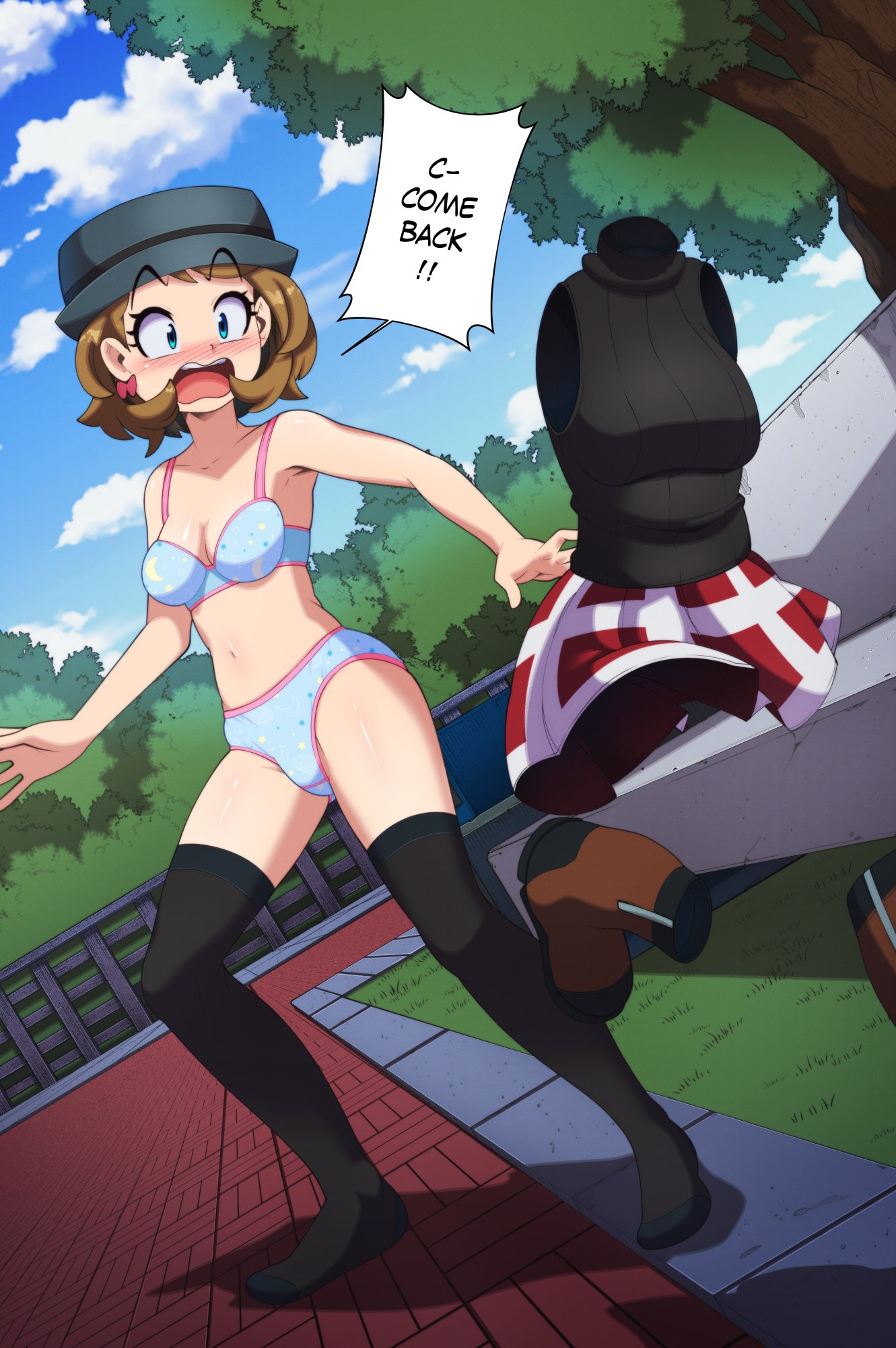 black legwear, black thighhighs, bra, bra and panties, embarrassed, embarrassed underwear female, euf, euf-dreamer, female, living clothes, panties, pokemon, serena (pokemon), thighhighs, underwear