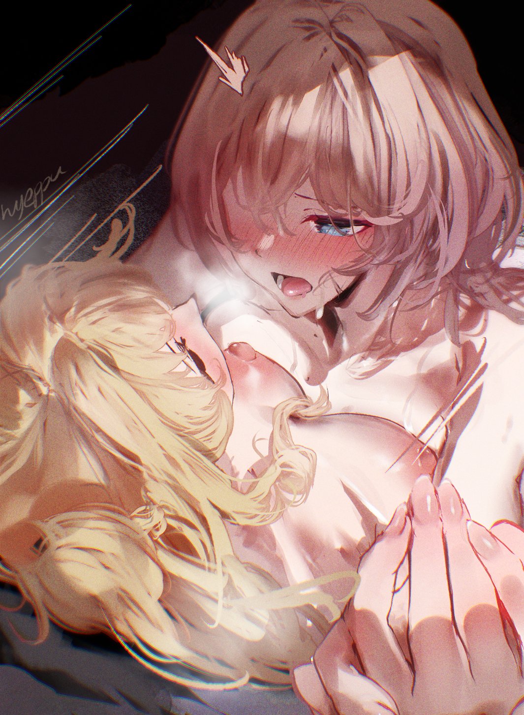 2girls, blush, breasts, breasts out, female, honkai impact 3rd, lantern (honkai impact), looking at another, looking at partner, looking pleasured, nude, nude female, nyeppu, open mouth, sex, songque (honkai impact), yellow hair, yuri