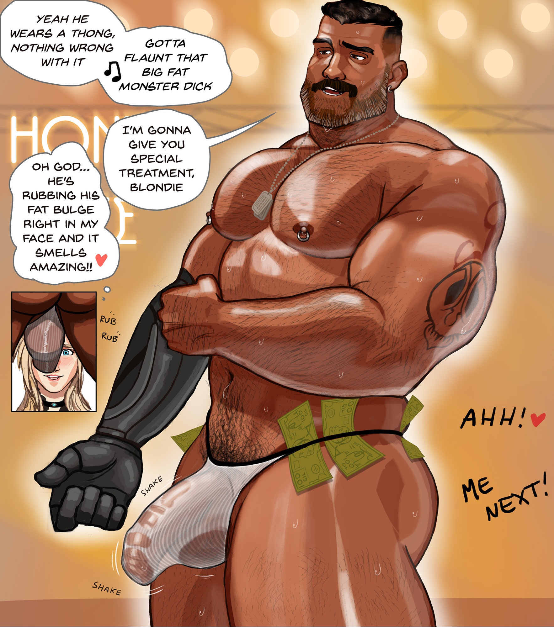 balls, bara, barret wallace, body hair, bulge, cloud strife, facial hair, final fantasy, final fantasy vii, flaccid, gay, hudsona, male, male only, muscles, muscular, penis, solo, solo male, speech bubble, square enix, sweat, sweating, thong, yaoi