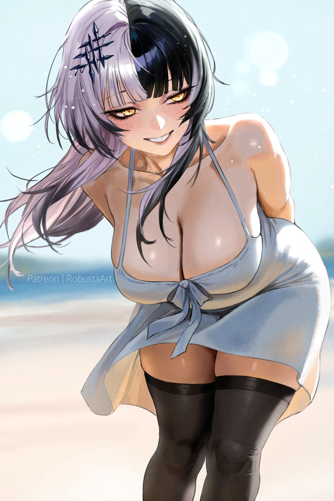 1girls beach beach_background black_thighhighs breasts dress female female female_focus female_only huge_breasts robustaart shiori_novella thick_thighs thighhighs thighs white_dress