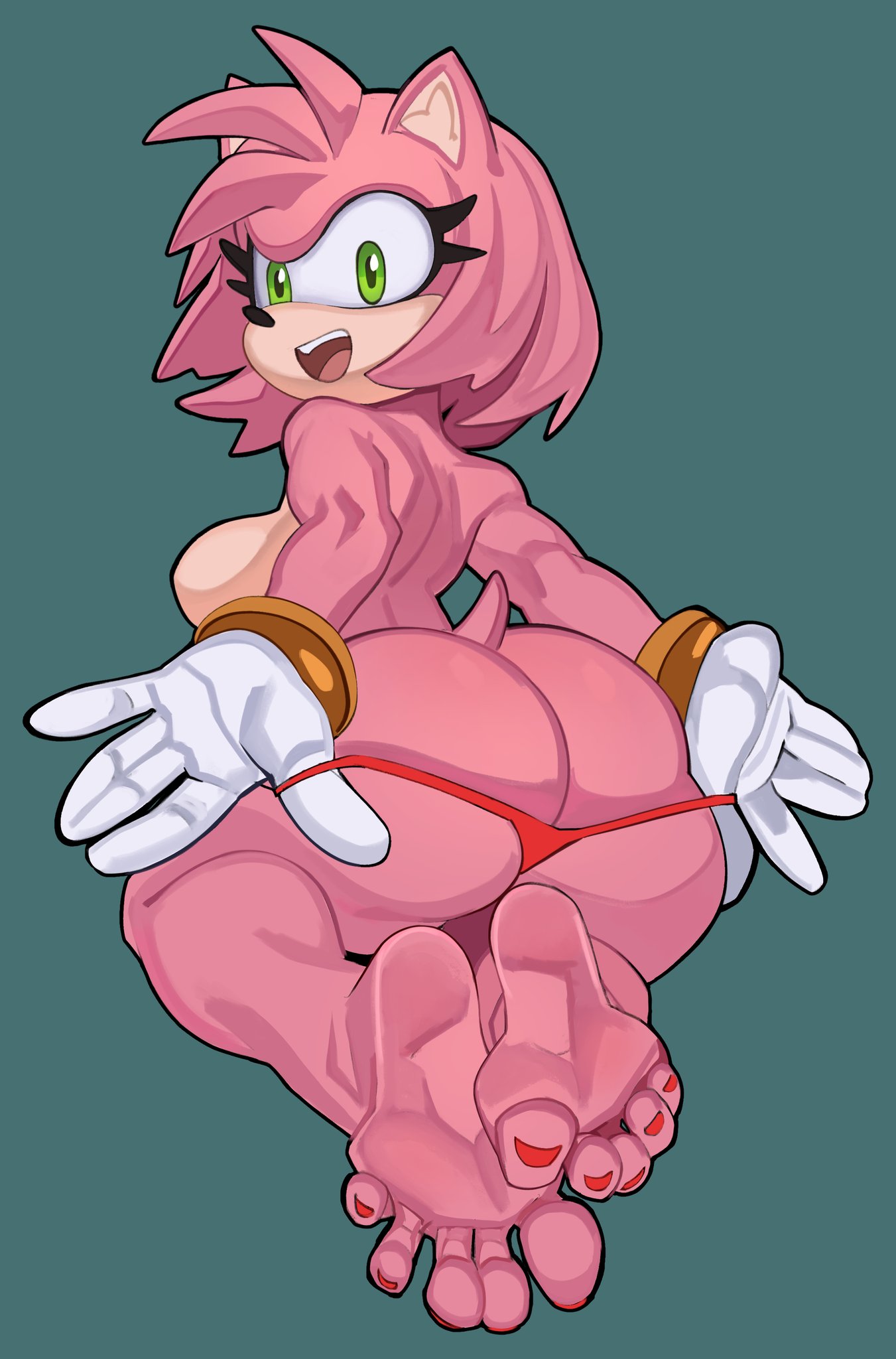 amy rose, ass, breasts, exnezo, feet, female, furry, gloves, painted toenails, sega, sexnezo, sonic (series), thong, topless, topless female