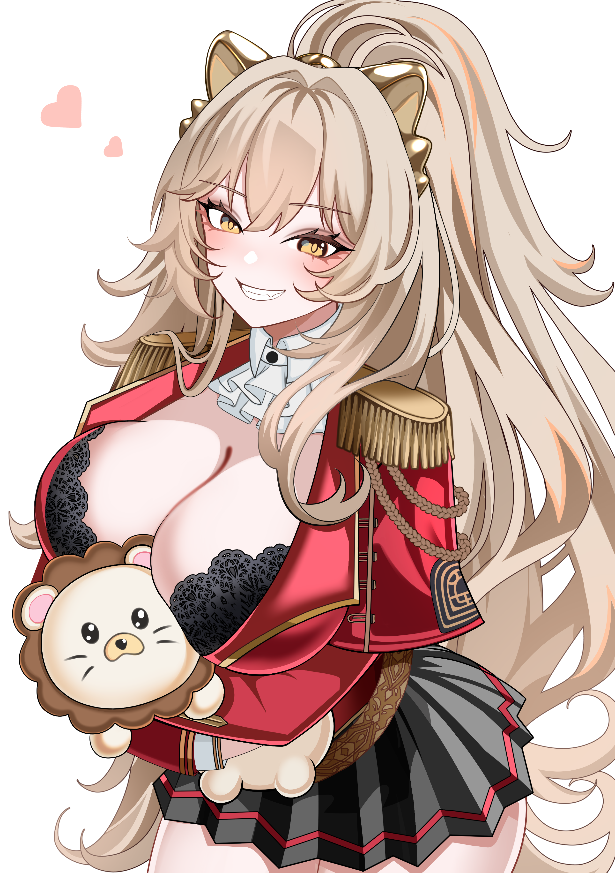 aiguillette, animal ears, ascot, azur lane, belt, black bra, black skirt, blush, bra, breasts, brown hair, cg, cleavage, epaulettes, female, grin, heart, holding, jacket, lace-trimmed bra, large breasts, lion (azur lane), lion ears, long hair, long sleeves, looking at viewer, miniskirt, official alternate costume, pleated skirt, ponytail, red jacket, simple background, skirt, smile, solo, stuffed animal, stuffed toy, teddy bear, teeth, underwear, very long hair, white ascot, white background, yellow eyes
