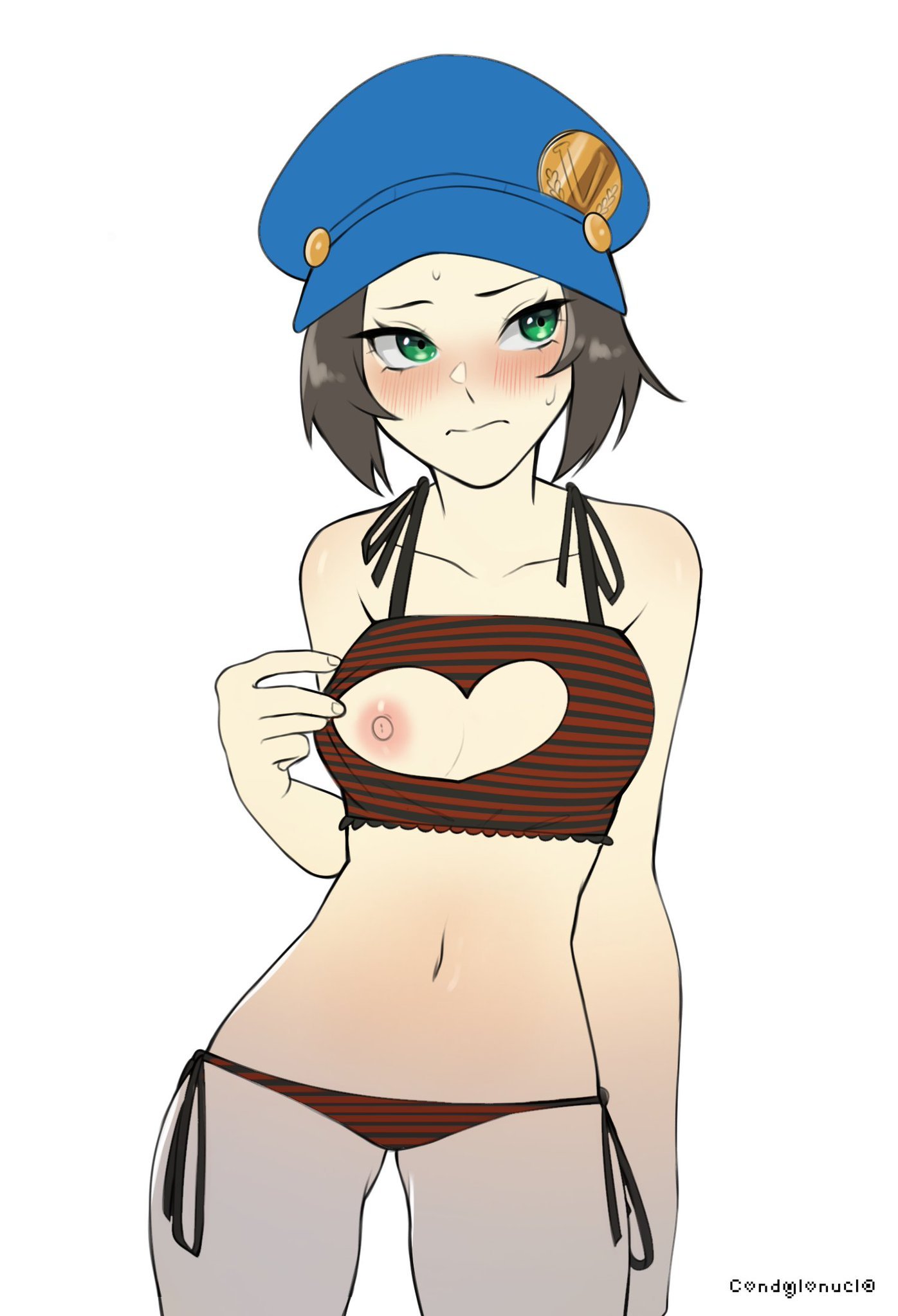 1girls, atlus, bikini, blush, breasts, brown hair, condylonucla, embarrassed, female, heart cutout, marie (persona 4), persona, persona 4, persona 4 the golden, small breasts, solo, sweat