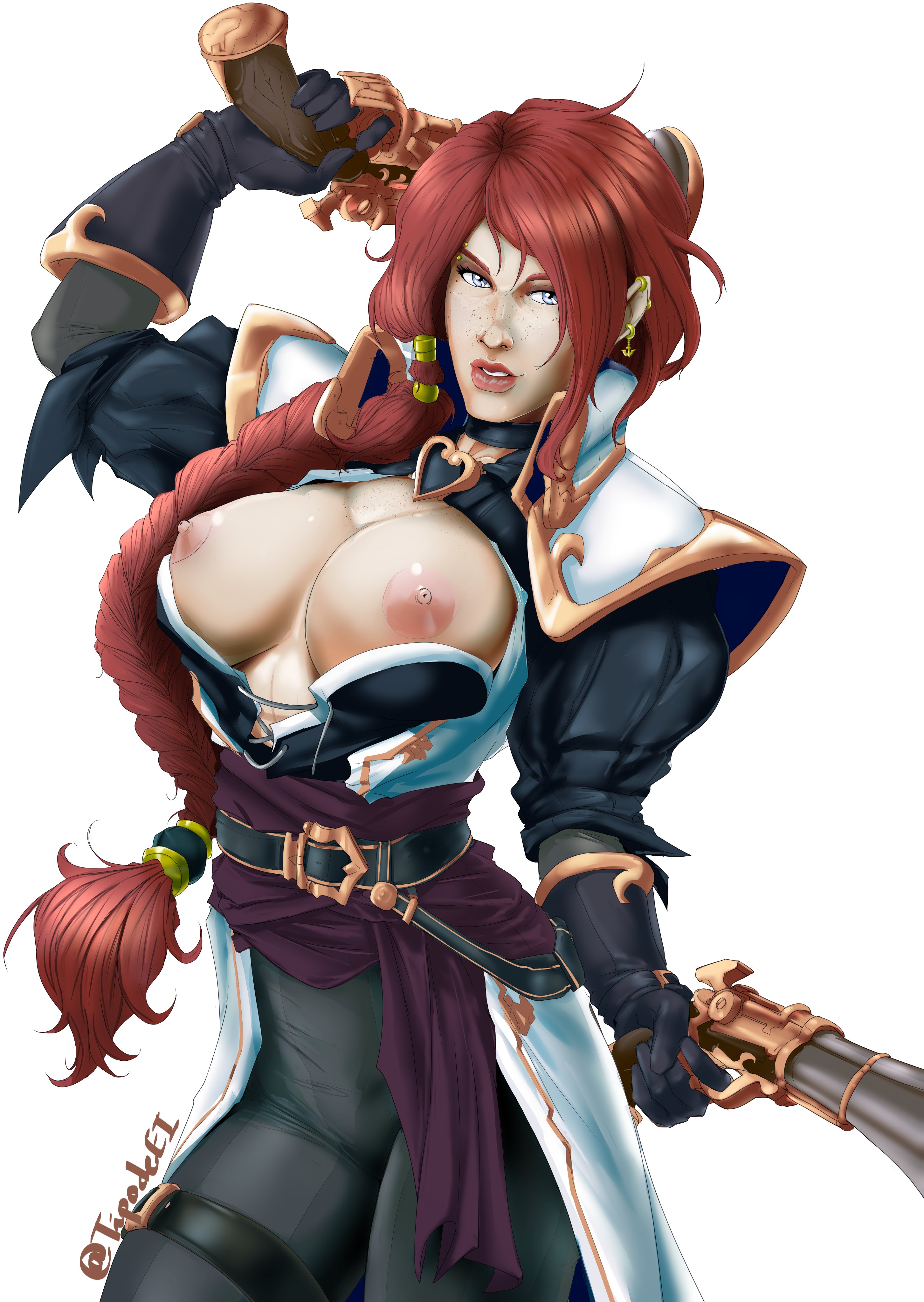 1girls, athletic, athletic female, blue eyes, breasts, breasts out, clothed, ear piercing, earrings, exposed breasts, female, female focus, female only, freckles, freckles on face, human, league of legends, light skin, light-skinned female, looking at viewer, miss fortune, mostly clothed, pirate, red hair, riot games, ruined king, sarah fortune, solo, solo female, the ruined king saga, thigh strap, tipodeincognito, white background