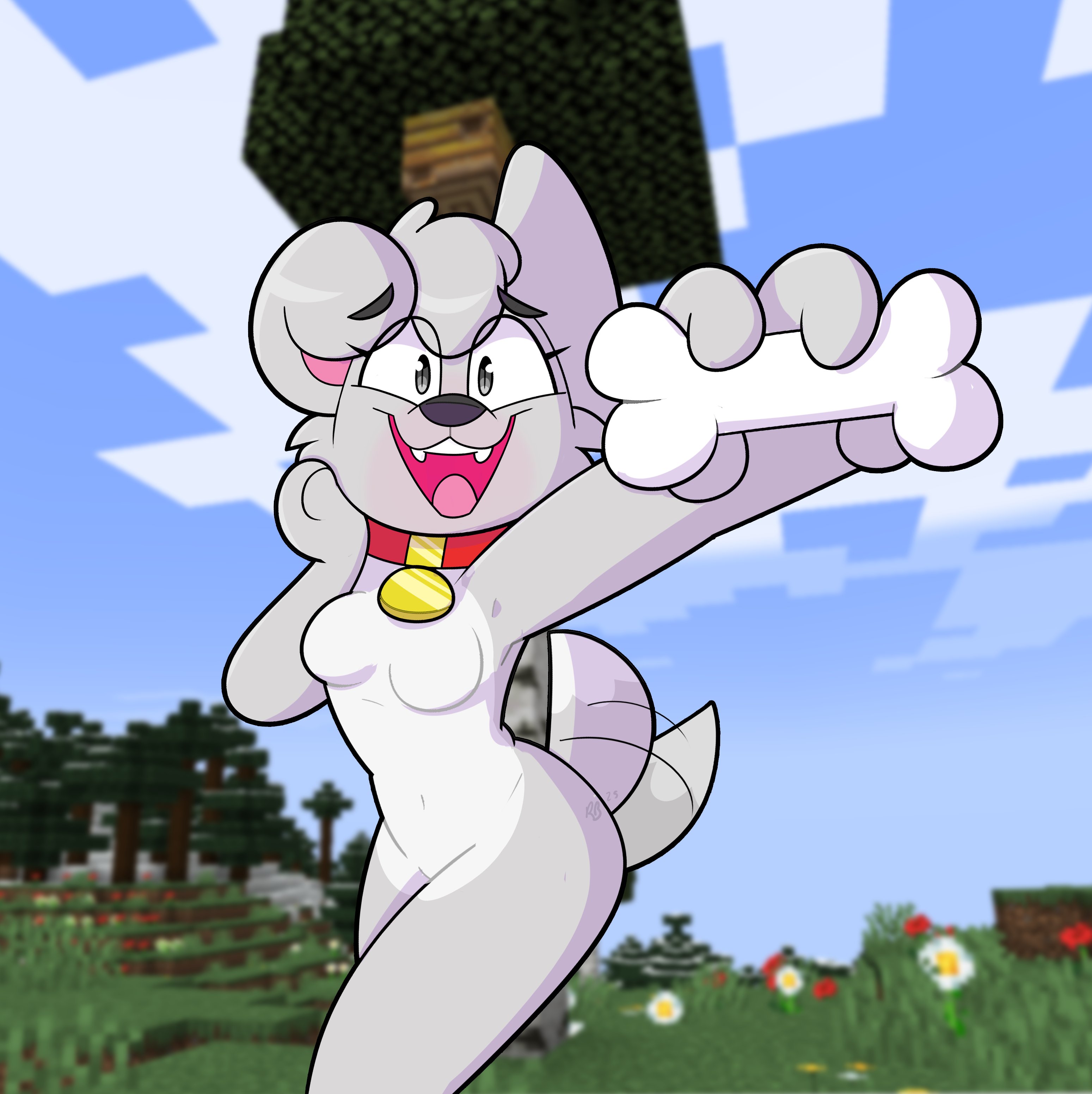 1girls, anthro, anthrofied, bone, breasts, collar, ears, featureless breasts, female, furry, grey body, grey fur, hand on cheek, happy, looking at viewer, minecraft, naked, naked female, nude, nude female, offscreen character, open mouth, open smile, pale wolf (minecraft), runebellart, small breasts, smile, tail, tailwag, two-tone body, two-tone fur, wolf, wolf (minecraft), wolf girl