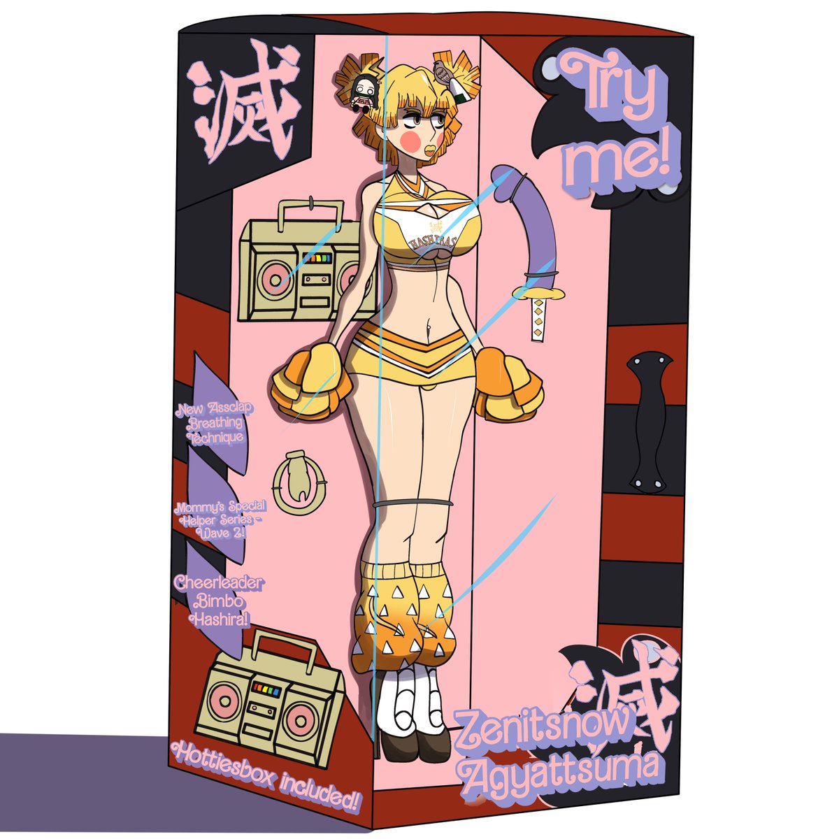 big breasts, bimbo, bimbo body, bimbofication, bimbofied, blonde hair, breasts, bulging breasts, crabla, demon slayer, dildo, doll, doll box, dollification, english text, female, high heels, hypnosis, identity death, in doll box, kimetsu no yaiba, mental transformation, mind control, platform heels, rule 63, sex doll, sex doll transformation, sex toy, transformation, zenitsu agatsuma