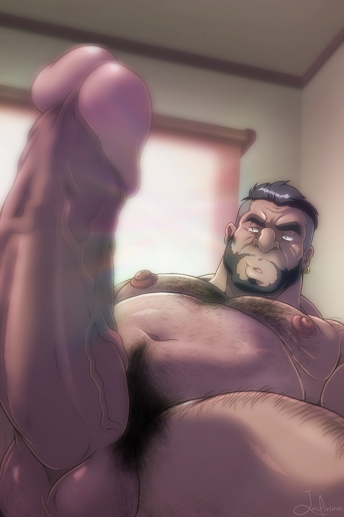 1boy, balls, bara, barret wallace, big penis, black hair, body hair, boner, daddy, dark skin, dark-skinned male, dilf, earring, erection, facial hair, final fantasy, final fantasy vii, funeral-paws, male, male only, muscles, muscular, nipples, nude, penis, solo, solo male, square enix, yaoi