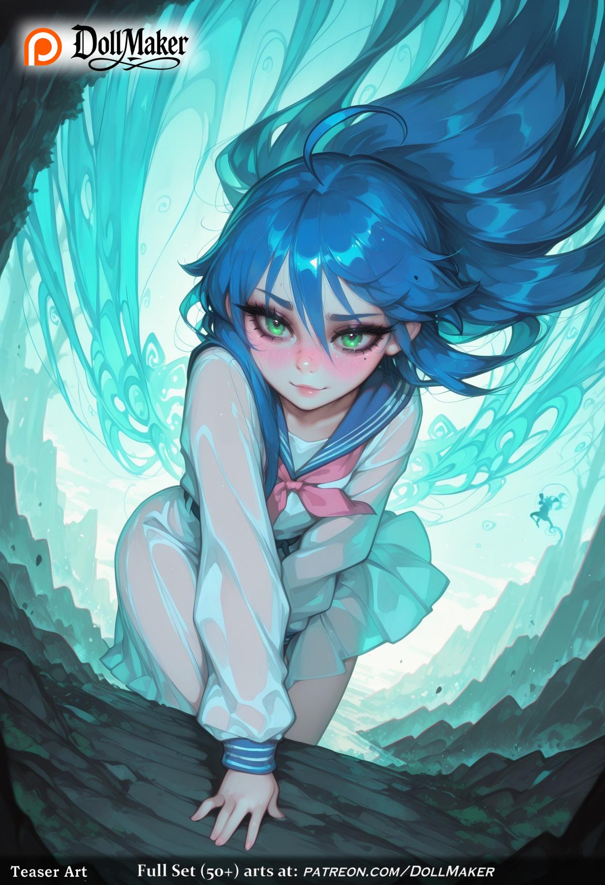 ai_generated blue_hair blue_skirt blush dollmaker fairy_wings female fish floating_hair green_eyes hair_between_eyes konata_izumi long_hair long_sleeves looking_at_viewer neckerchief pleated_skirt sailor_collar school_uniform see-through serafuku shirt skirt smile solo tagme water watercraft wet wet_clothes wings