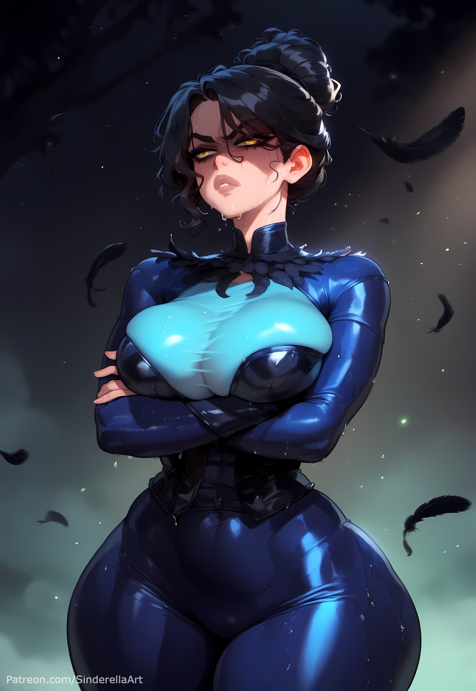 ai generated, arm under breasts, artist name, bangs, bioware, bird, black feathers, black hair, bodysuit, breast hold, breasts, busty, commission, covered navel, crossed arms, crow, dove, dragon age, feathers, female, large breasts, latex, looking at viewer, morrigan (dragon age), patreon, patreon url, patreon username, seagull, shiny, shiny clothes, short hair, sinderellaart, skin tight, sky, solo, standing, thick, tight clothing, voluptuous, white feathers, yellow eyes