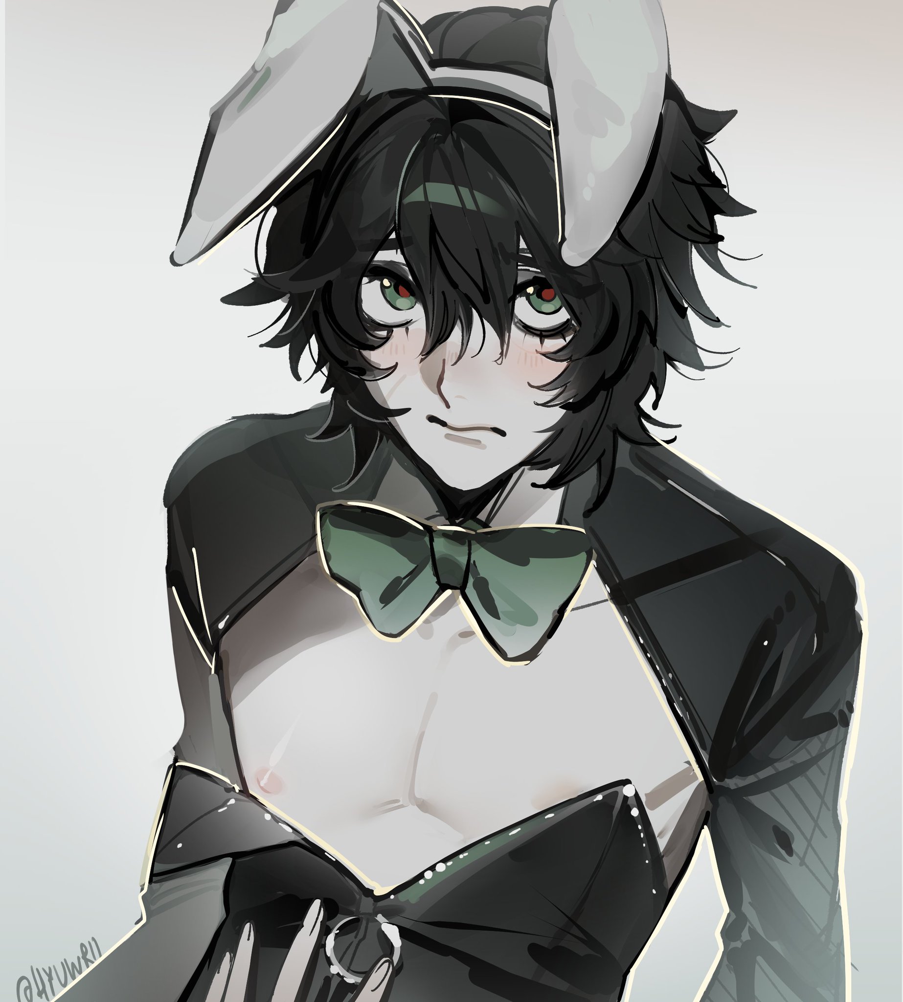 1boy, beautiful boy, boy, bunnysuit, degrees of lewdity, femboy, fluffy hair, green eyes, hyuwrii, kylar (dol), male, male focus, male only, nip slip, nipple slip, pleading eyes, rabbit boy, red pupils, solo