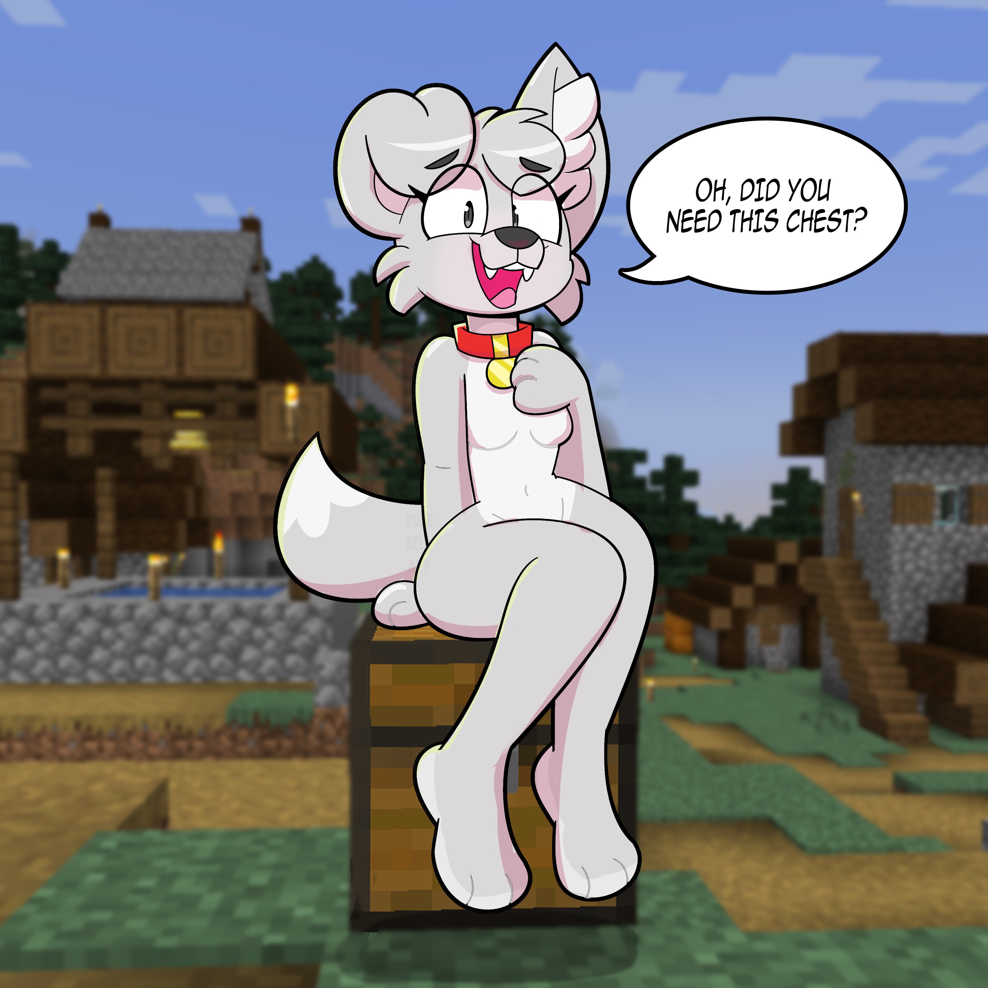 1girls, anthro, anthrofied, breasts, collar, ears, featureless breasts, female, furry, grey body, grey fur, happy, looking at viewer, minecraft, naked, naked female, nude, nude female, offscreen character, open mouth, open smile, pale wolf (minecraft), runebellart, small breasts, smile, tail, talking to viewer, two-tone body, two-tone fur, village, wolf, wolf (minecraft), wolf girl