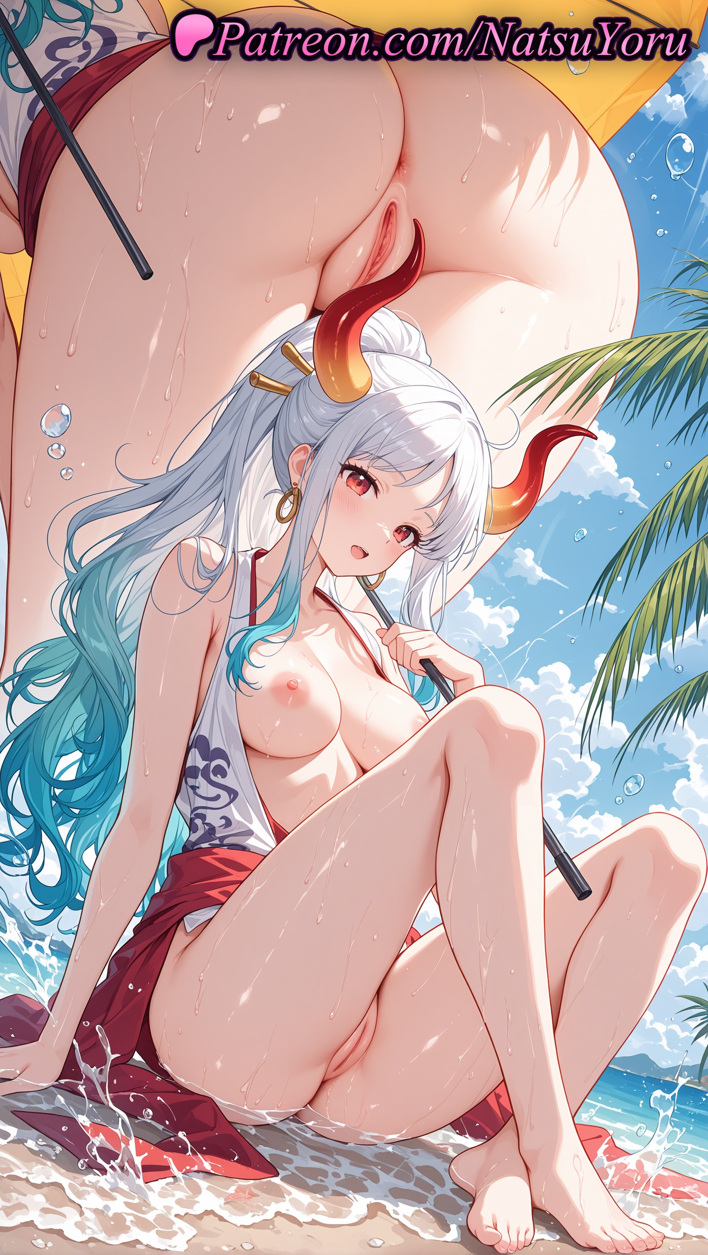 1girls, 2025, ai generated, anus, ass, barefoot, beach, breasts, clothing, curled horns, earrings, feet, female, female only, hair ornament, hair stick, hi res, highres, holding, hoop earrings, horns, japanese clothes, jewelry, kimono, knees up, legs, long hair, looking at viewer, multicolored horns, multiple views, natsuyoru, nipples, one piece, open mouth, outdoors, patreon, pussy, red eyes, red horns, sitting, sky, smile, solo, toes, umbrella, uncensored, vagina, voluptuous, voluptuous female, water, wet, white hair, yamato (one piece)
