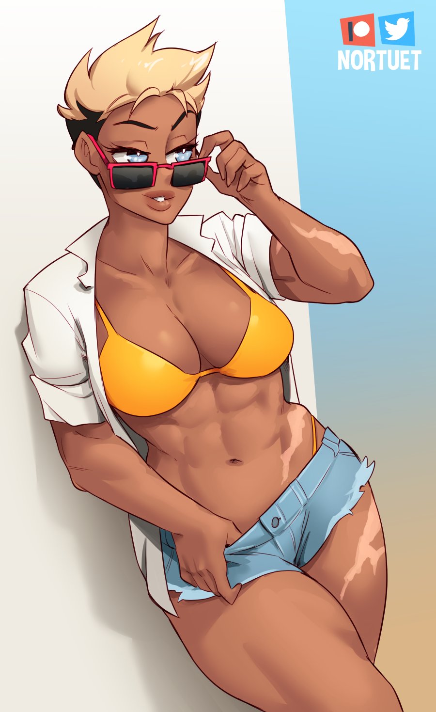 1girls adjusting_eyewear adjusting_glasses adjusting_sunglasses big_breasts blue_eyes breasts brown_hair character_request cleavage clothed clothing copyright_request curvy dark-skinned_female dark_skin female_focus female_only looking_over_eyewear looking_over_glasses looking_over_sunglasses muscular muscular_female navel nortuet pose revealing_clothes short_hair simple_background solo sunglasses tinted_eyewear very_short_hair watermark wide_hips