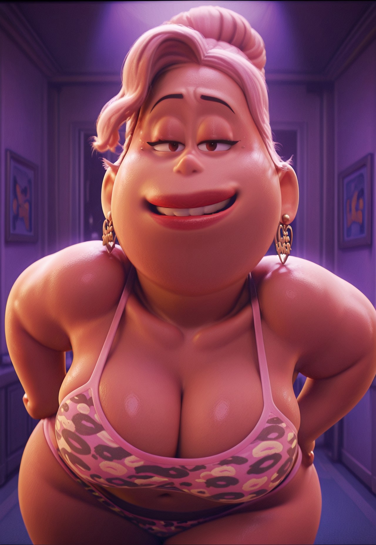 ai assisted, ai generated, animal print, ass, bbw, big ass, big breasts, big lips, bikini, bra, breasts, brown skin, chubby female, cleavage, curvy, disney, earrings, eyeshadow, fat, female, female focus, female only, hands on hips, huge breasts, jayzero, large breasts, leaning forward, leopard print, leopard print bikini, looking at viewer, mature, mature female, milf, obese, overweight, overweight female, panties, pink hair, pixar, seductive, seductive smile, smile, smug face, solo, sweat, sweating, thick thighs, vanessa rodriguez, wide hips, win or lose (pixar)