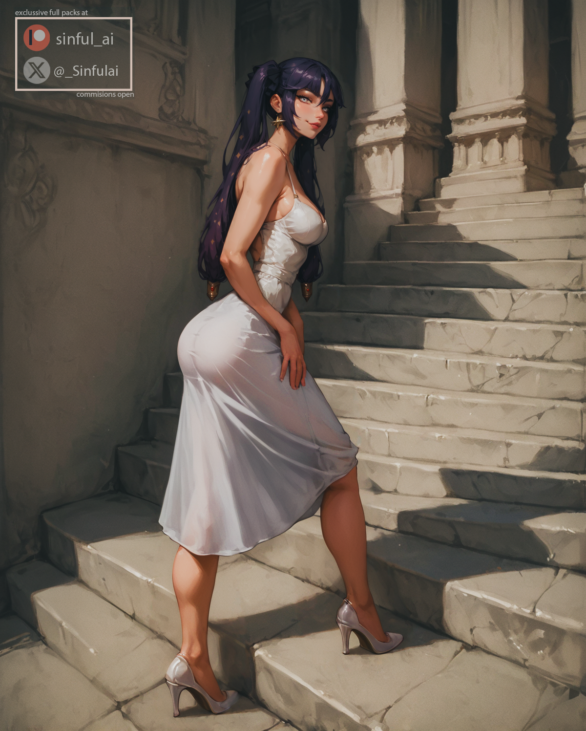 1girls, ai assisted, ai generated, aisinful, ass, breasts, cute, female, female only, genshin impact, hi res, high heels, medium breasts, mona (genshin impact), purple hair, sundress, thick thighs, thighs, twintails
