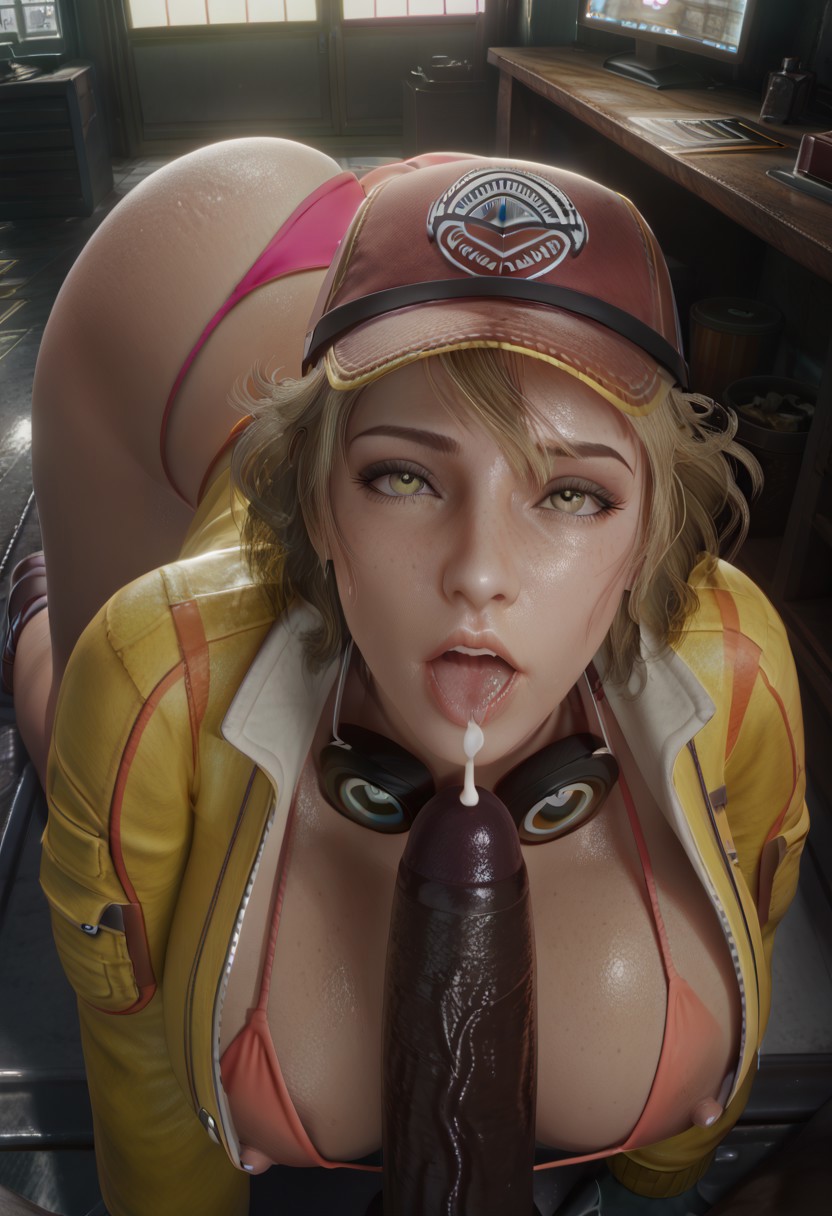 3d, 3d (artwork), after fellatio, after oral, ai generated, ass, ass up, bending over, bikini, bikini bottom, bikini top, blonde hair, breasts, cindy aurum, cum, cum on tongue, curly hair, dark skin, dark-skinned male, ejaculation, erect penis, erection, eye contact, female, final fantasy, final fantasy xv, goggles, goggles around neck, hat, interracial, jacket, licking, licking penis, light skin, light-skinned female, looking at viewer, male, mechanic, nipples visible through clothing, on all fours, orange bikini, penis, pink thong, pov, pov eye contact, realistic, short hair, sweating, sweaty, thong, throwkidsatrocks352, yellow eyes